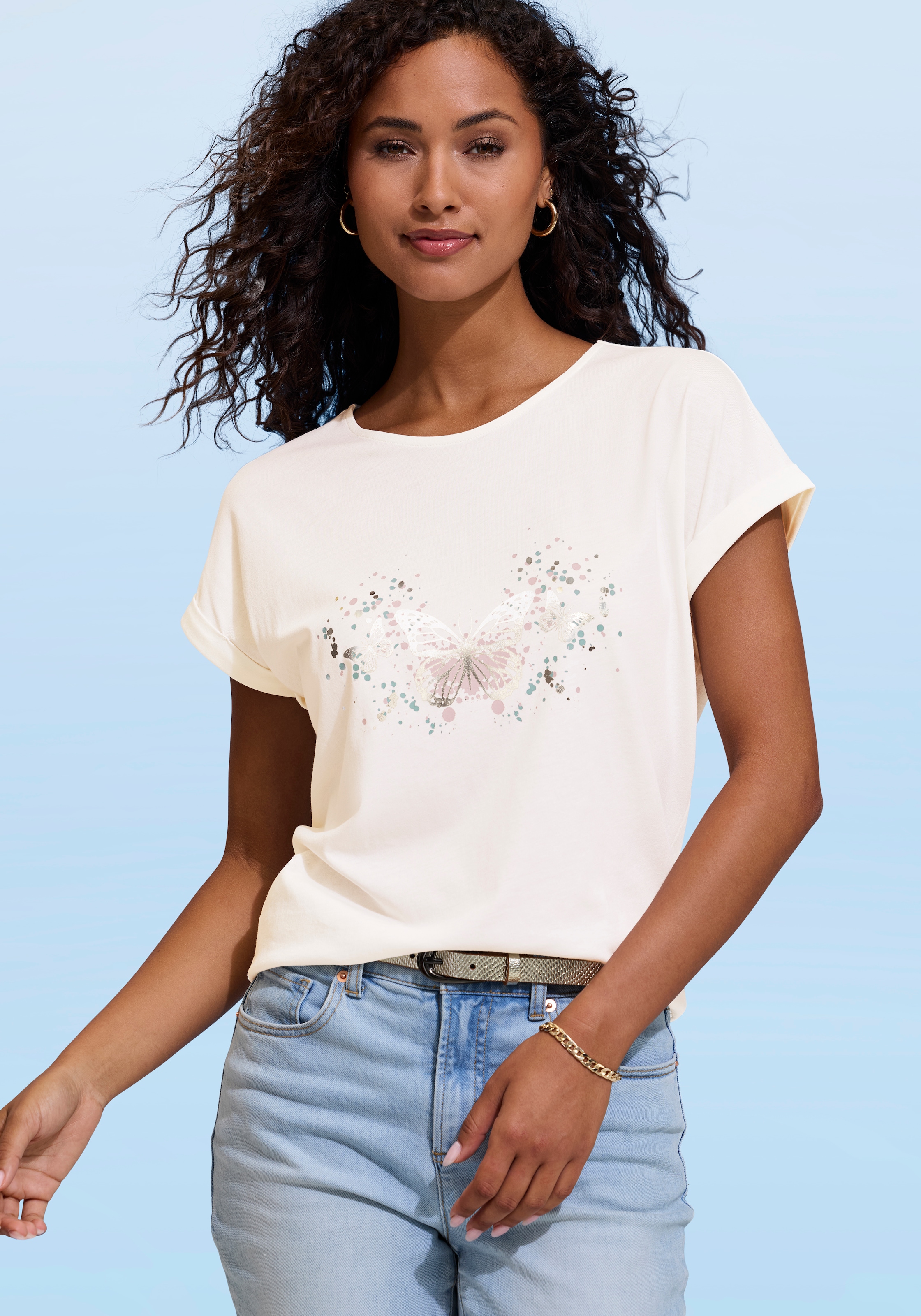Vivance T-Shirt »mit glänzendem Frontprint« aus angenehmer Baumwoll-Modal-Qualität