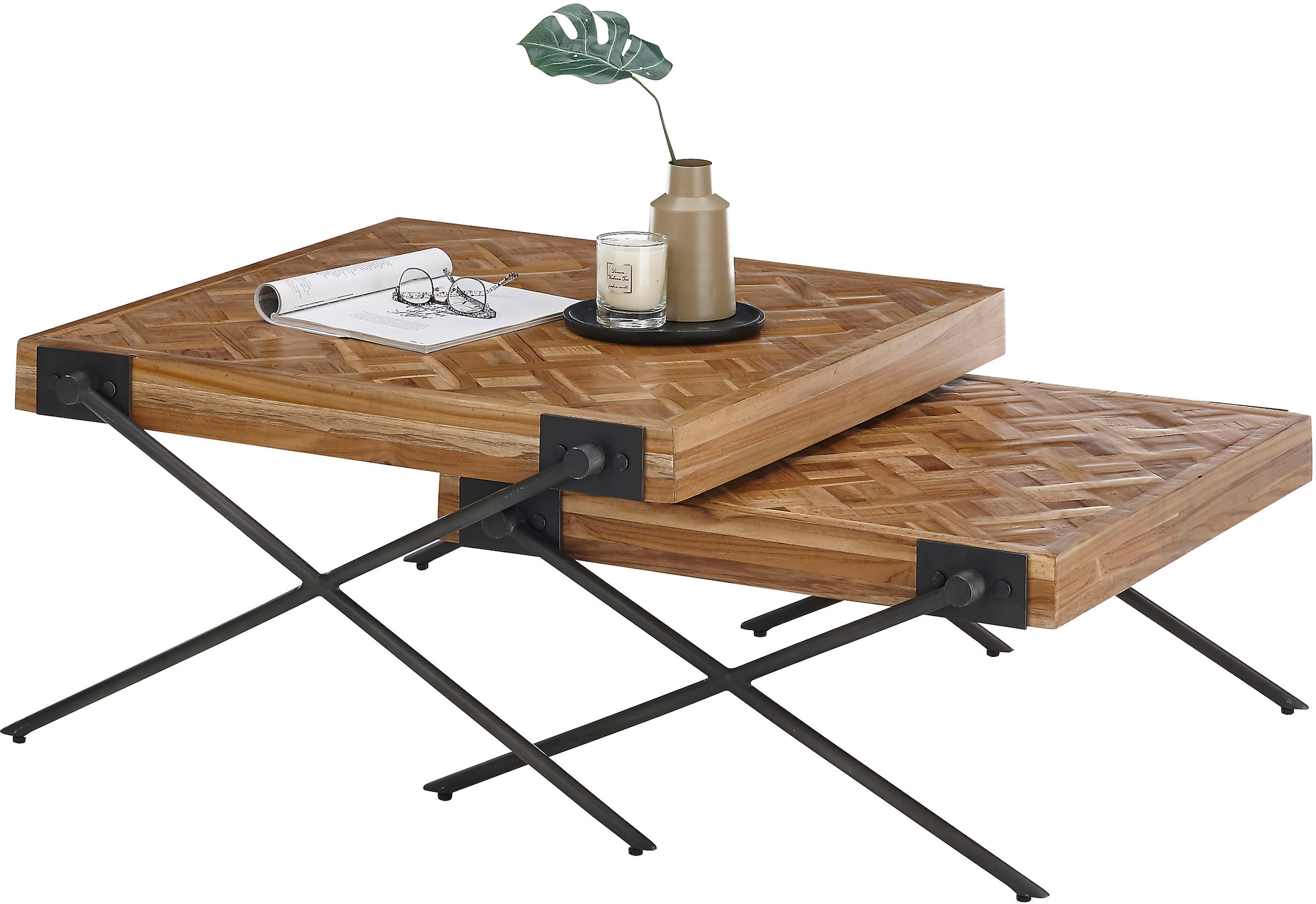 Stolkom Couchtisch "AKONI" 2-er Set Massivholz Teak recycelt mit Muster günstig online kaufen