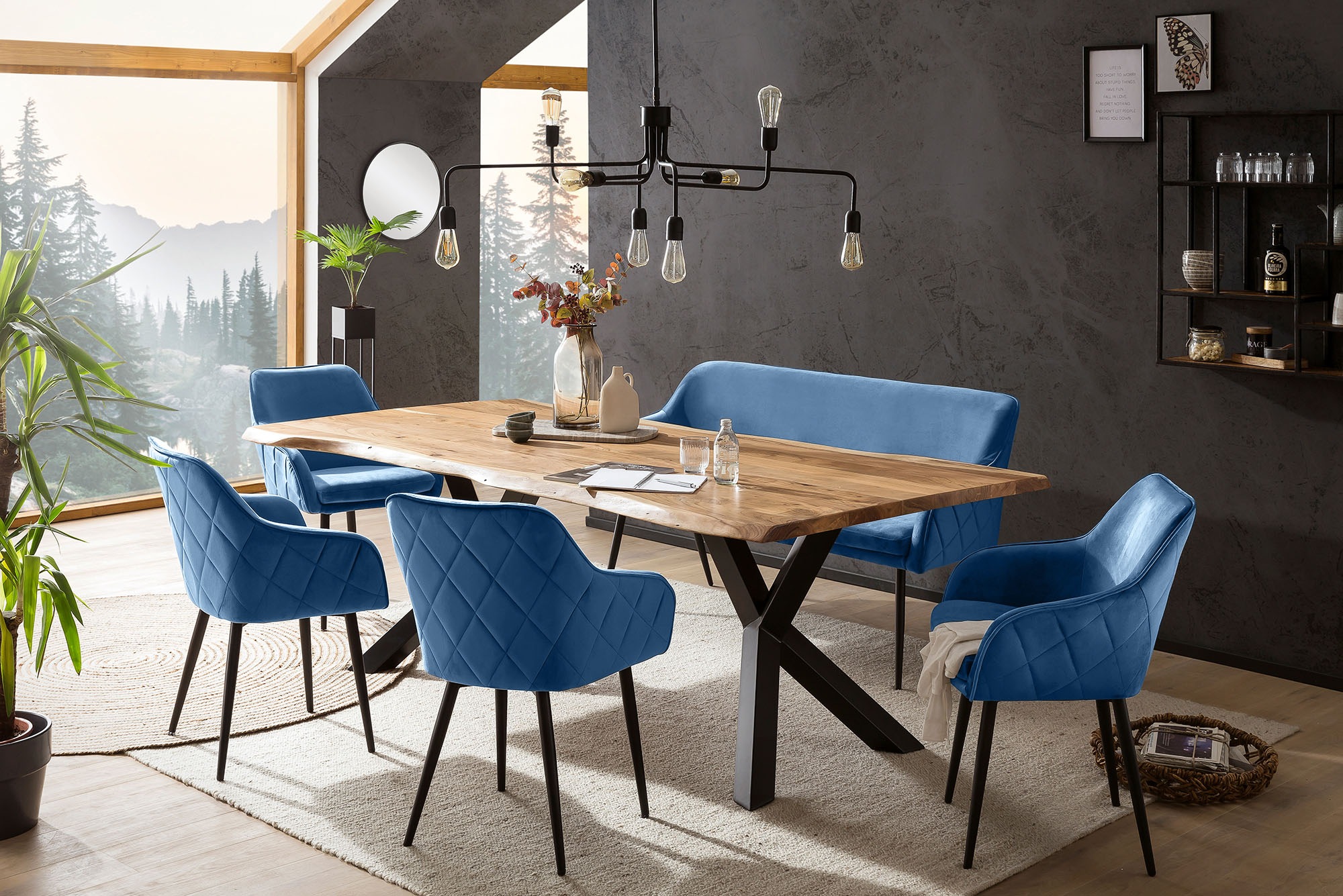 Eckbankgruppe SALESFEVER "Eckbankgruppe im Landhausstil", blau (blau, natur, schwarz, schwarz), B:200cm H:76,5cm T:100cm, Massivholz, Metall, Polyester, Sitzmöbel-Sets, Eckbankgruppe, Rückenfläche mit aufwändiger Rautensteppung