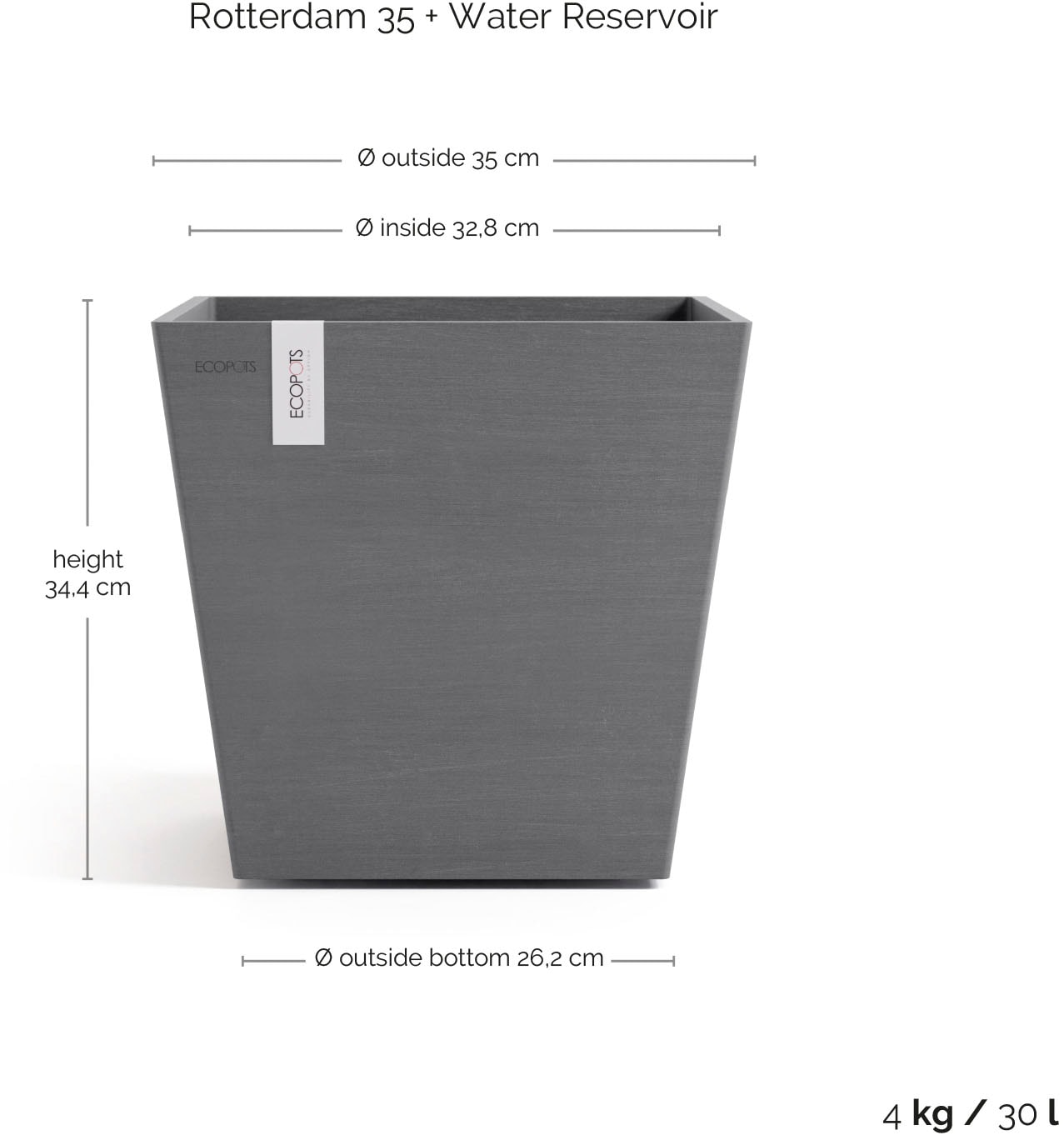 ECOPOTS Blumentopf »Rotterdam 35 + Wassersystem Grau« für innen und außen: frostsicher, bruchsicher und lichtbeständig
