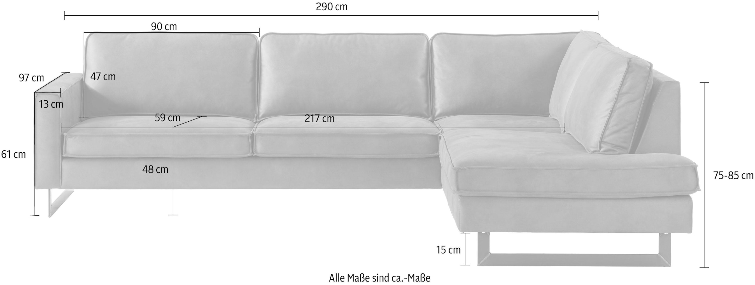 PLACES OF STYLE Ecksofa »Pinto, 290 cm, Cord, Chenille, Lederoptik, Ottomane links / rechts« mit Keder, schwarze Metallfüße, Wellenunterfederung
