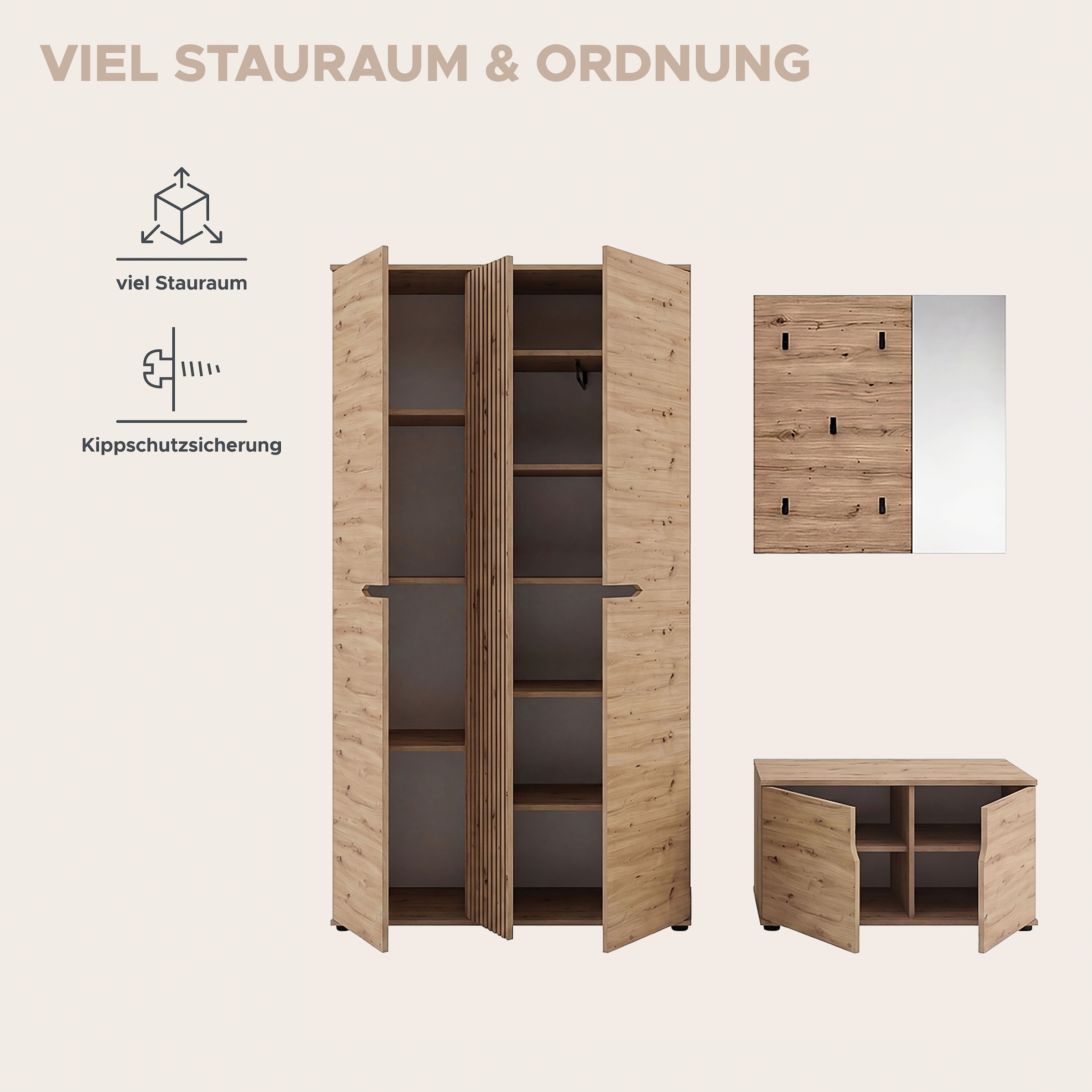 OTTO home Garderoben-Set »FJELL, 3-teilig, Breite 199cm, Front mit hochwertiger Längsfräsung«