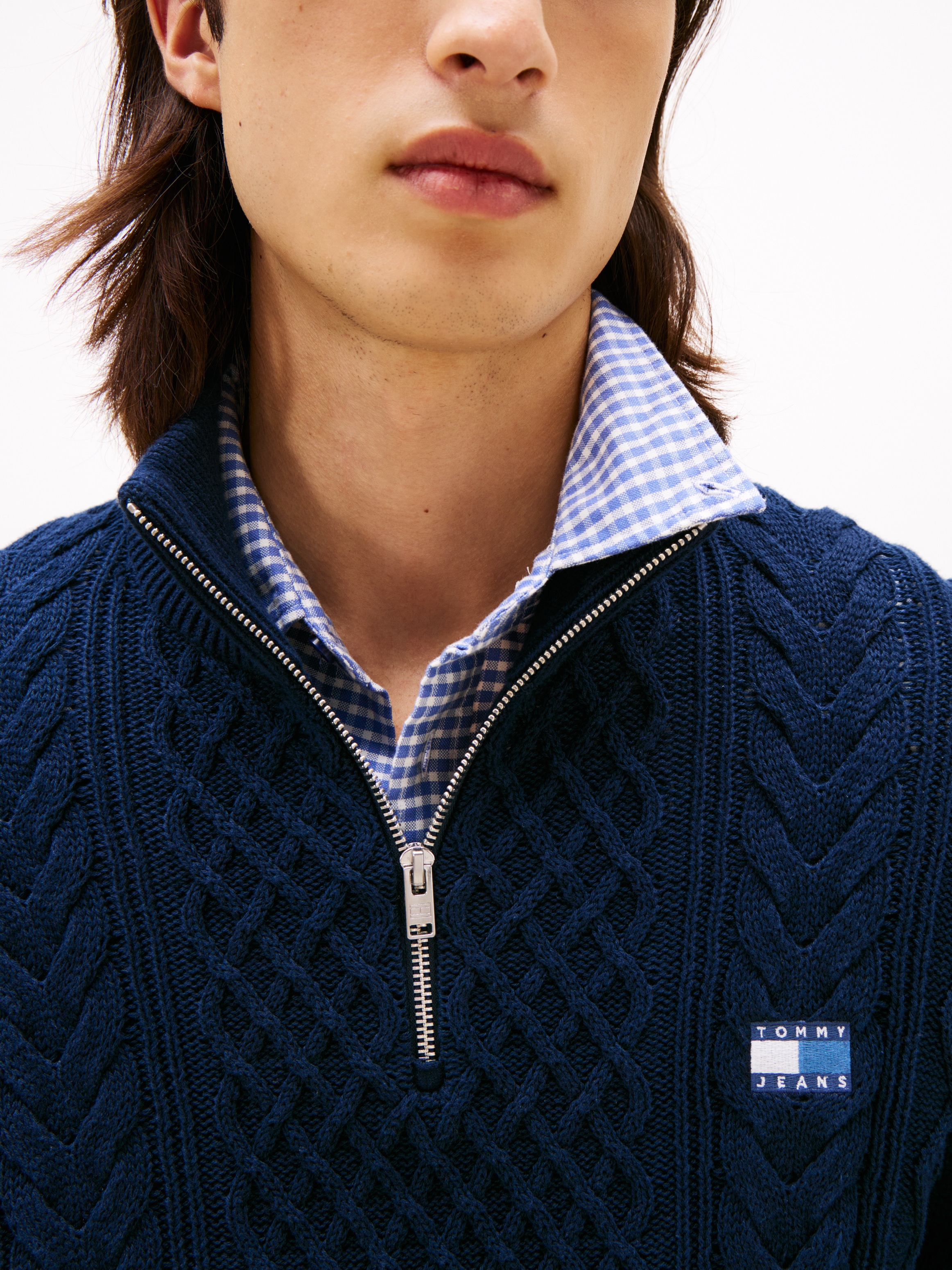Tommy Jeans Strickpullover, Troyer-Kragen mit Reißverschluss, slim fit, Zopfstrick-Muster