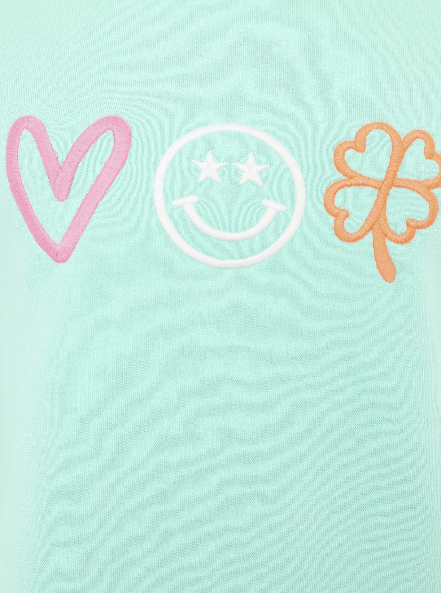 Thumbnail - Zwillingsherz Sweatshirt ""Love Smile Luck"", mit Used-Look Kanten und Stickerei vorne und hinten