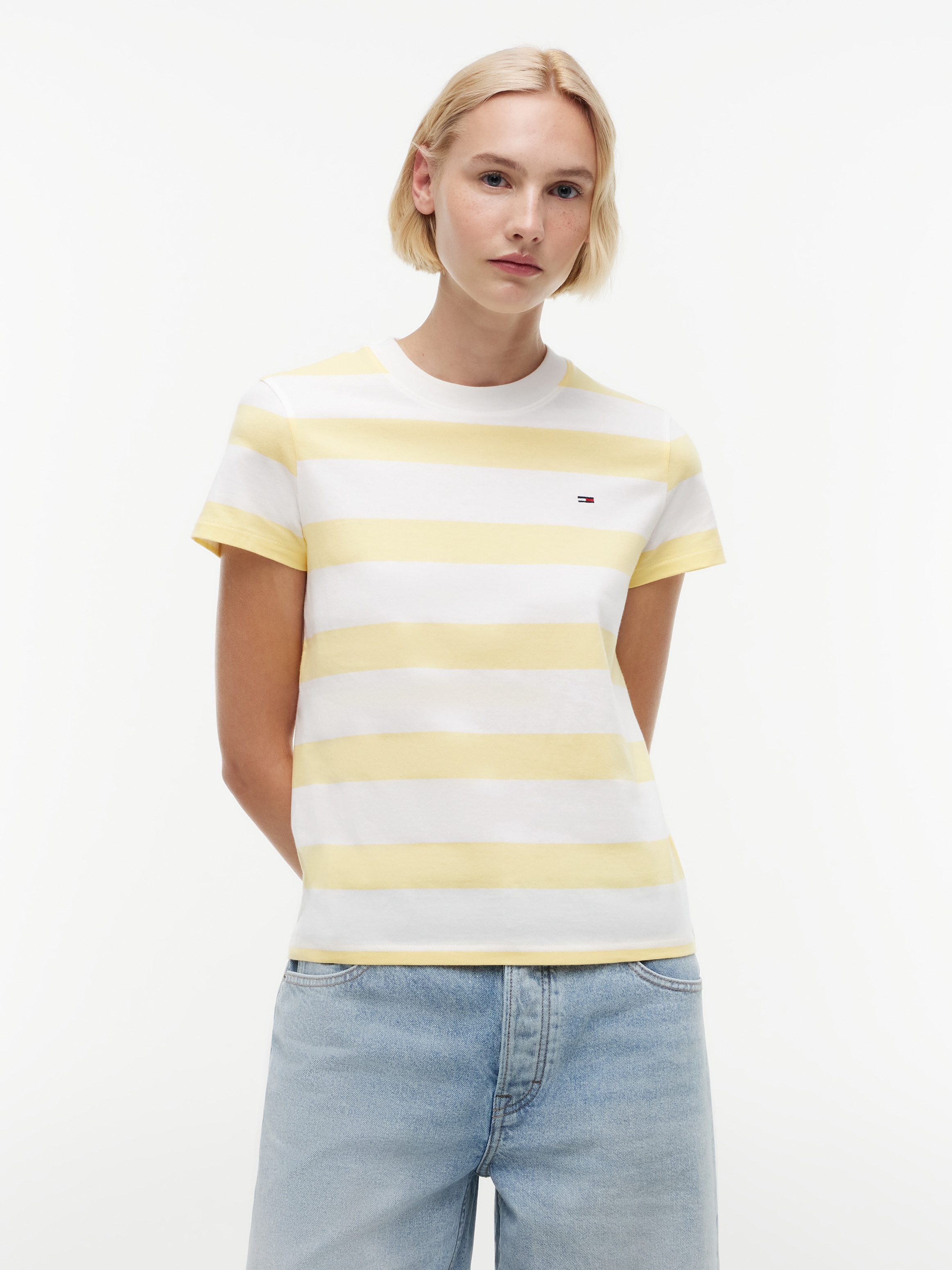 Tommy Jeans Kurzarmshirt »TJW REG S FLAG JERSEY SS TEE EXT« Baumwolle, regular fit, Kurzarm, Blockstreifen