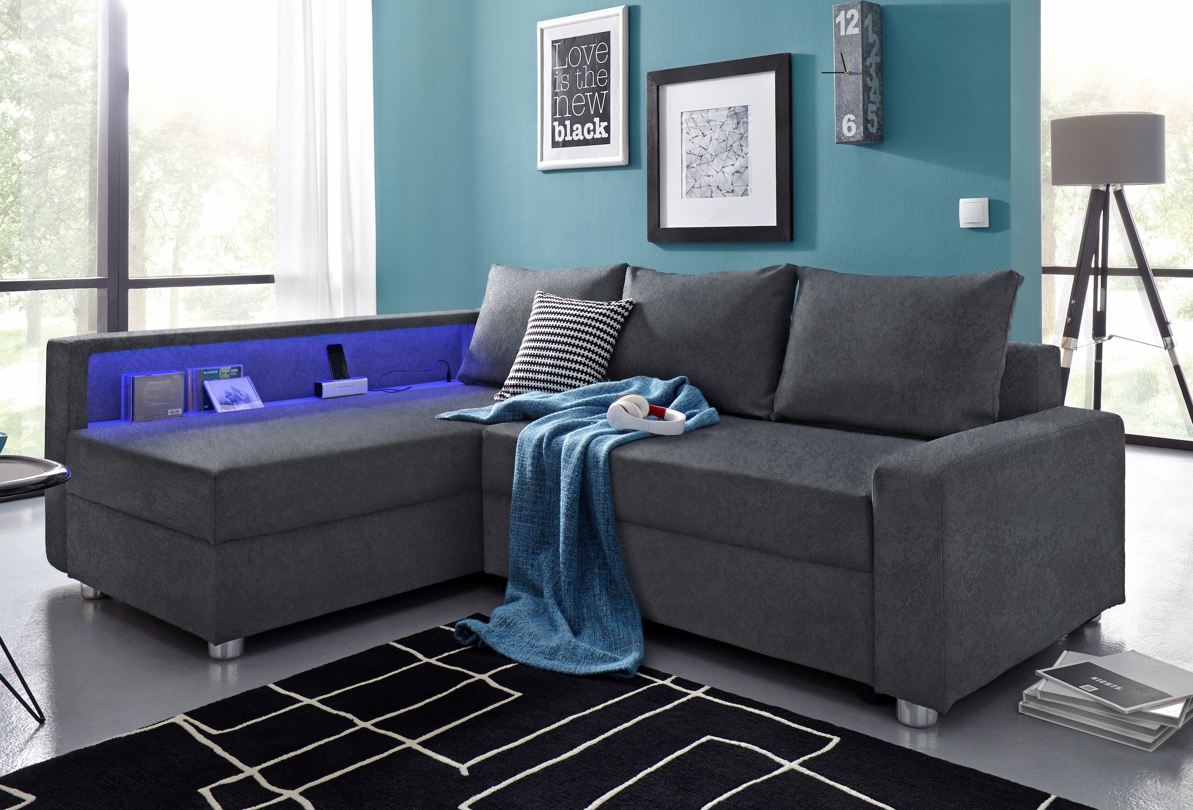 COLLECTION AB "Relax L-Form, B: 223 cm" Schlaffunktion, Bettkasten, Regal & 1 Zierkissen, optional Licht