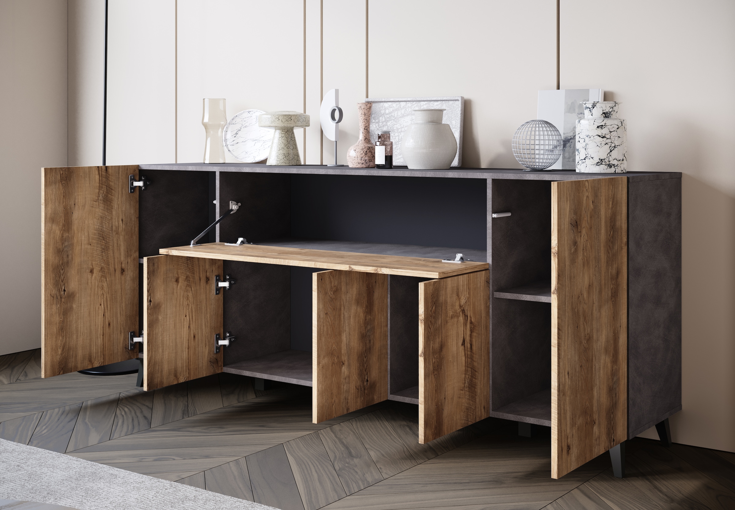 Home affaire Sideboard »SIDEBOARD PHUKET II, Stilvolle, grifflose kommode, Breite 180cm« Mit 5 Türen, 1 Klappe, 7 Fächern und höhenverstellbaren Einlegeböden