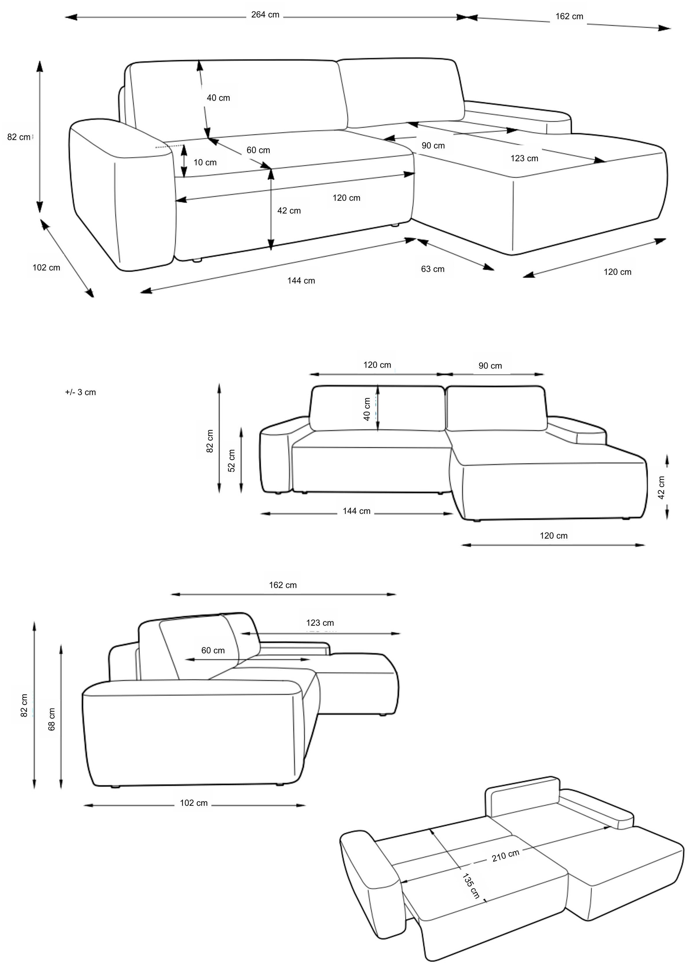 Home affaire Ecksofa »TORGE (264cm), Schlafsofa in Cord, Samtvelours o Struktur fein, L-Form« Schlaffunktion, Bettkasten, Liegefläche: 125/210 cm