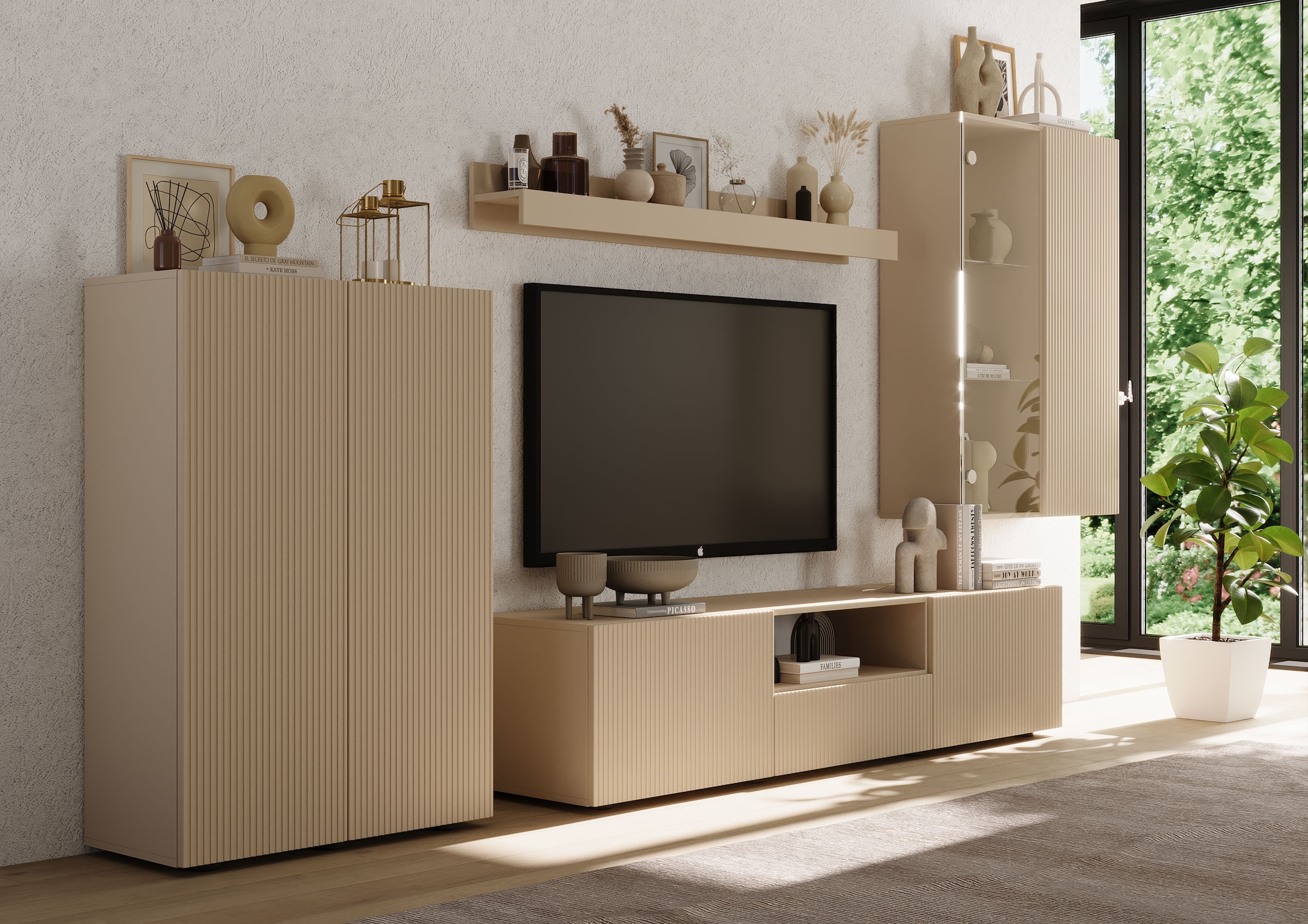 INOSIGN Wohnwand »Rio, 4tlg. Breite 300 cm, modernes, elegantes Wohnzimmer-Set«, (4 St.), (Lowboard, Highboard, Hängevitrine, Wandboard), Front geriffelt