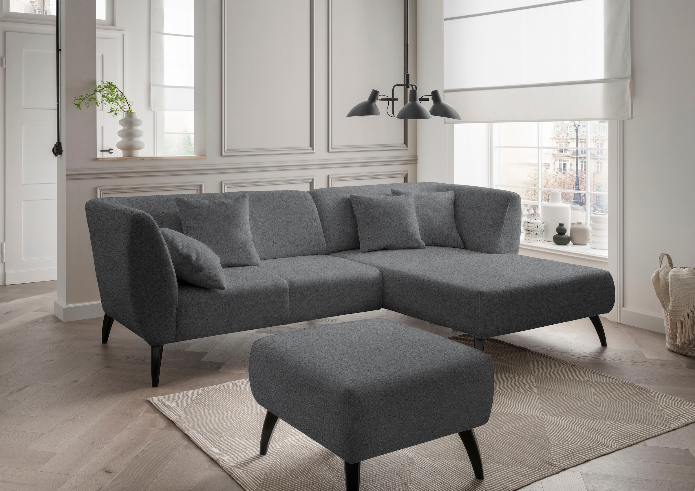 Home affaire Ecksofa "Lazio modern und bequem, schmale Armlehnen, tolle Detailverarbeitung" Holzfußfarbe wählbar, inkl. 4x Zierkissen