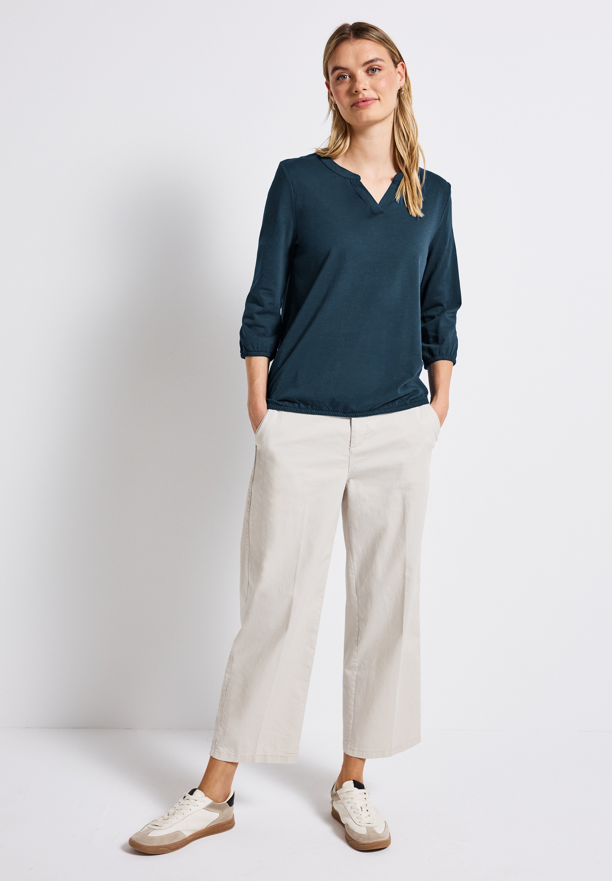 T-Shirt STREET ONE, Damen, Gr. 34, blau (tide blau), Web, 100% Baumwolle, unifarben, normal normal, Rundhals, abgesteppt, Shirts T-Shirt, aus reiner Baumwolle 3