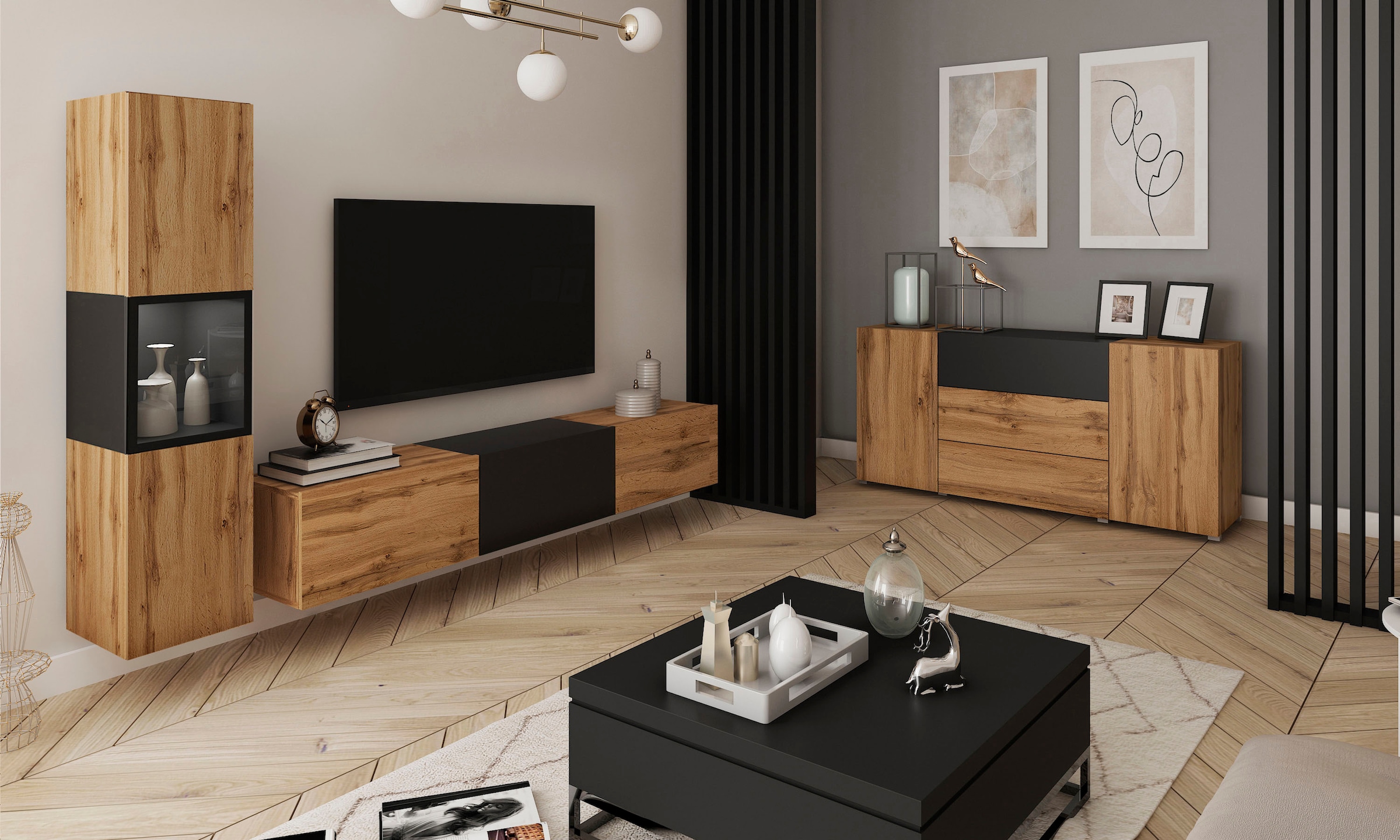 INOSIGN Wohnwand »BERLIN I, Vitrine Türschlag links/rechts wechselbar«, (Komplett-Set, 2 St.), moderne grifflose Mediawand Breite 220 cm, Vitrine mit Verglasung
