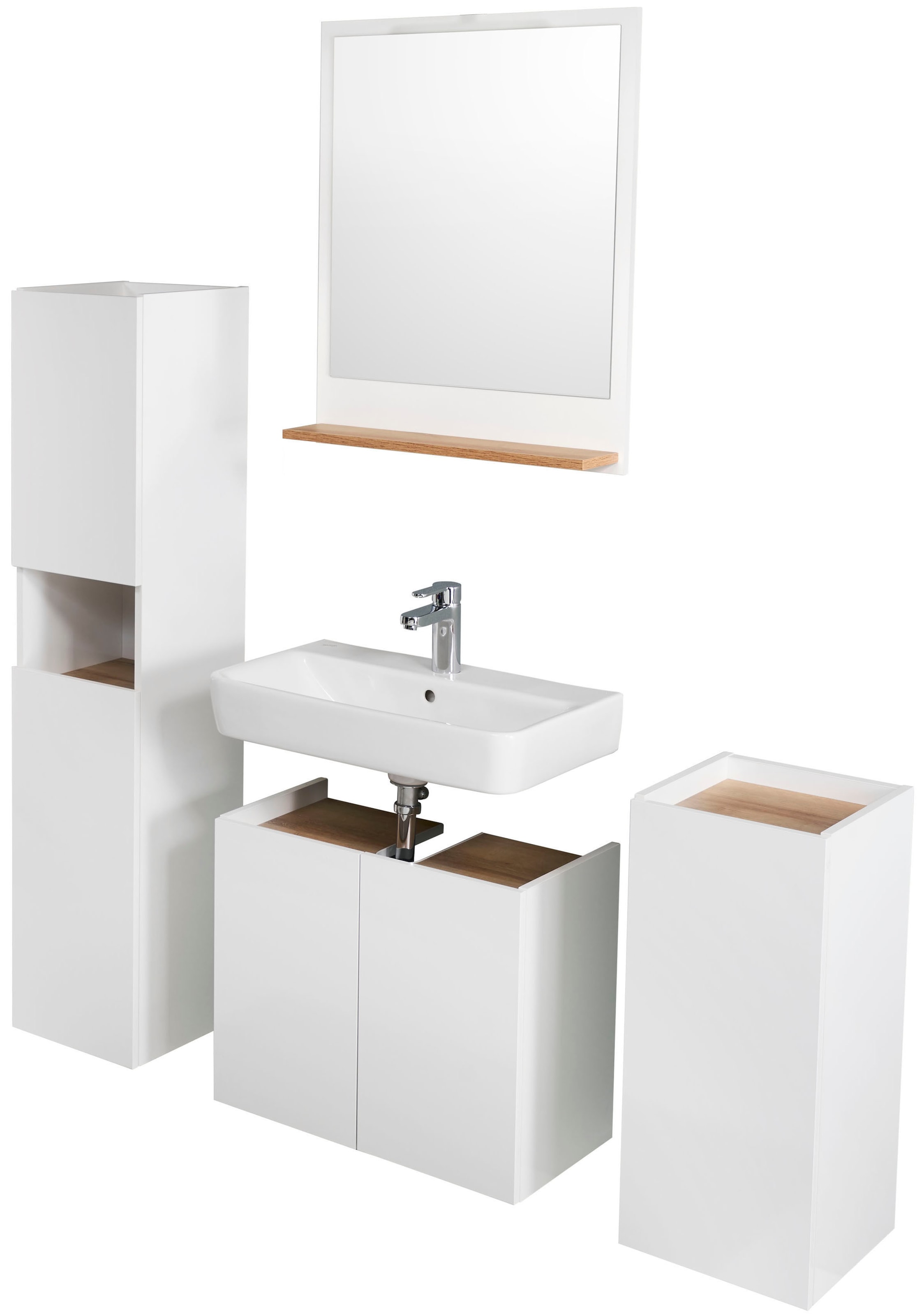 Saphir Badmöbel-Set »Quickset 947 4-teilig, Waschbeckenunterschrank mit Spiegel«, (4 St.), Unterschrank, Midischrank, 5 Türen, inkl. Türdämpfer, Weiß Glanz