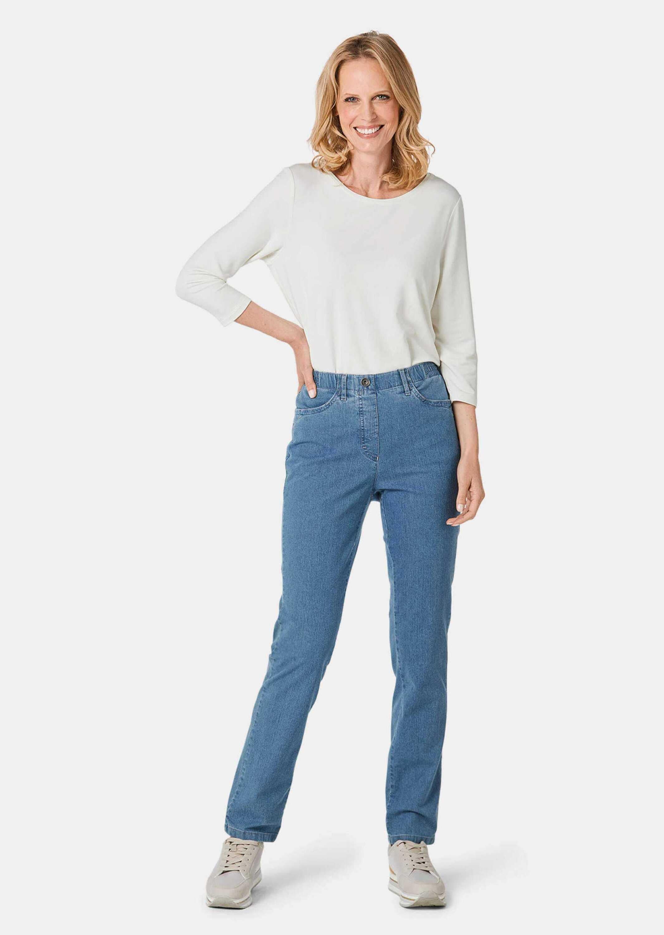 GOLDNER Regular-fit-Jeans »Kurzgröße Edel geschmückte Jeansschlupfhose MARTHA« Reißverschlussoptik mit Knopf vorne