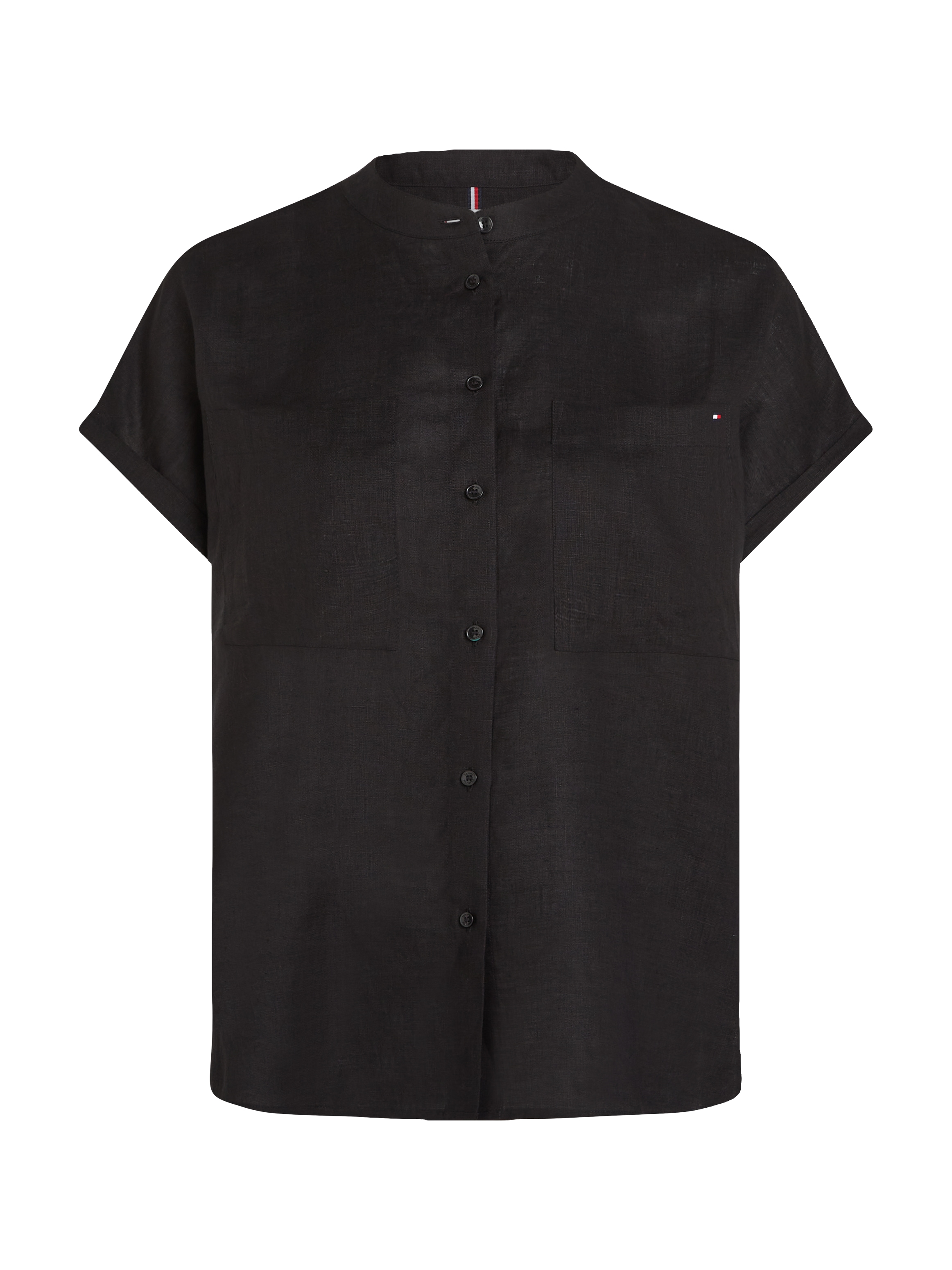 Tommy Hilfiger Kurzarmbluse »ESS LINEN COLLARLESS S/S BLOUSE«, mit Logostickerei,kühlendes Premium Leinen