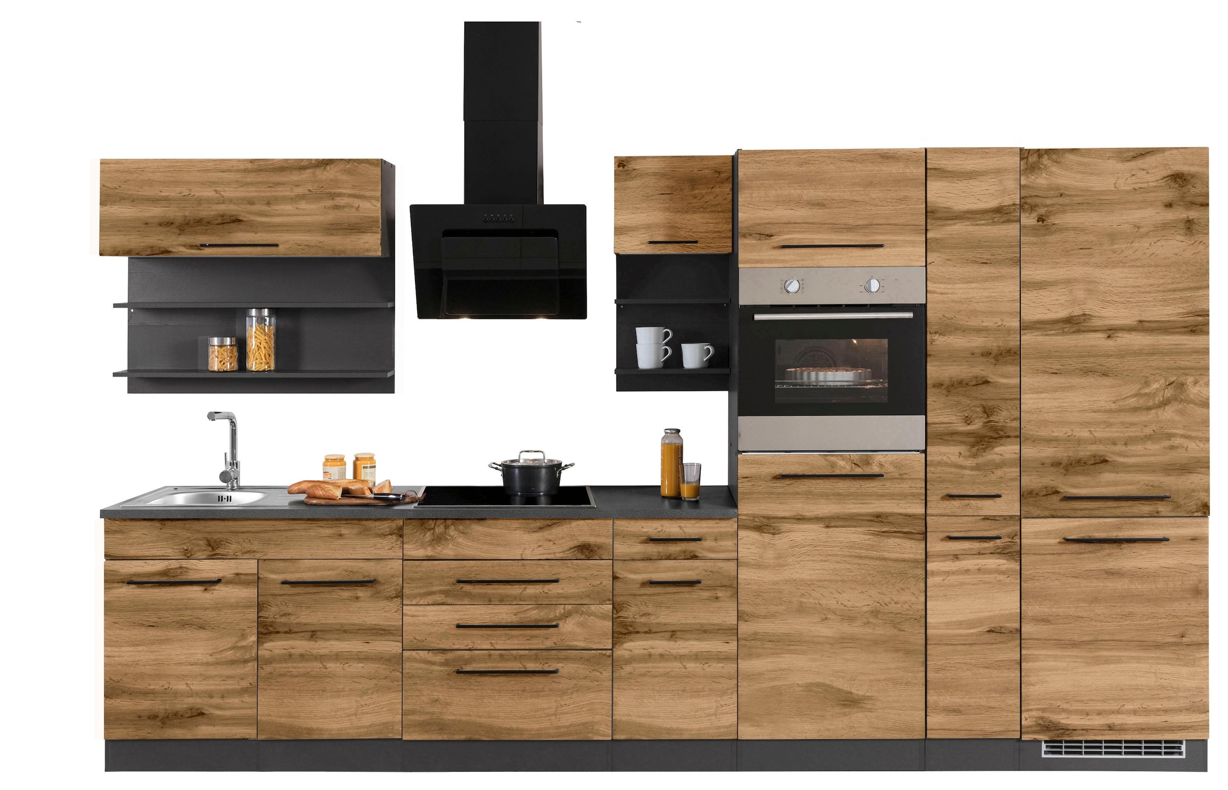 KOCHSTATION Küchenzeile »KS-Tulsa« ohne E-Geräte, Breite 360 cm, schwarze Metallgriffe, MDF Fronten