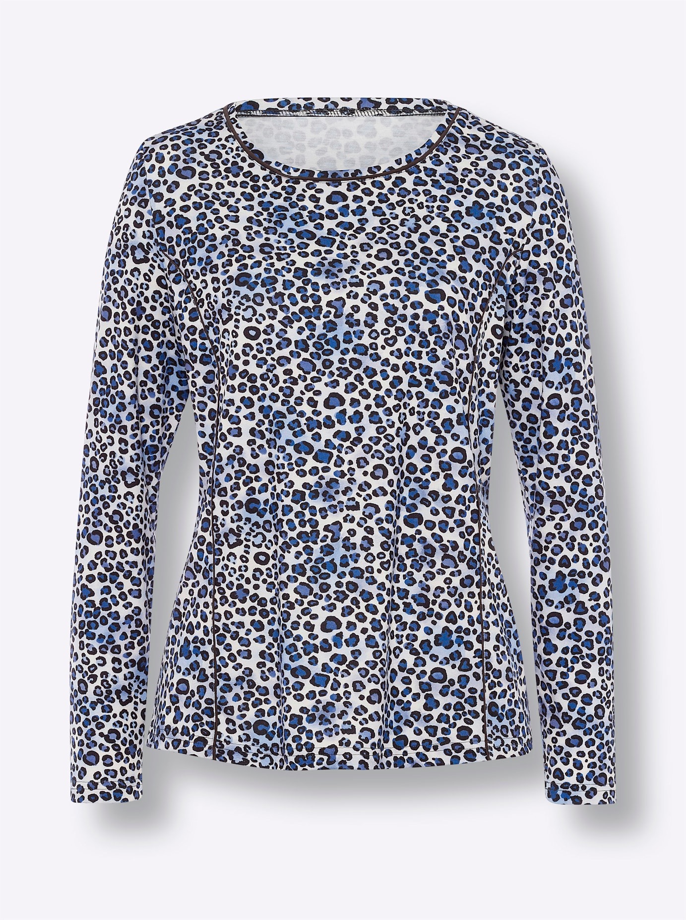 Langarmshirt HEINE "Druck-Shirt", Damen, Gr. 46, blau (champagner, taubenblau, bedruckt), 95% Polyester, 5% Elasthan, bedruckt, gemustert, mehrfarbig, Rundhals, Shirts Langarmshirt 3