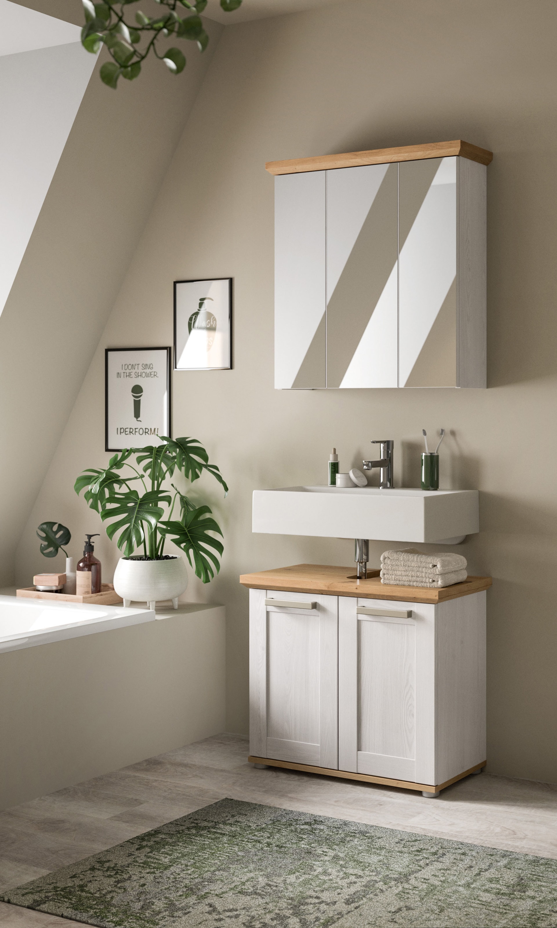 welltime Badmöbel-Set »COSENZA, 2-teilig, in Landhausoptik, mit farblich abgesetztem Kranz« bestehend aus: Spiegelschrank und Waschbeckenunterschrank, 2 Stk. tlg.