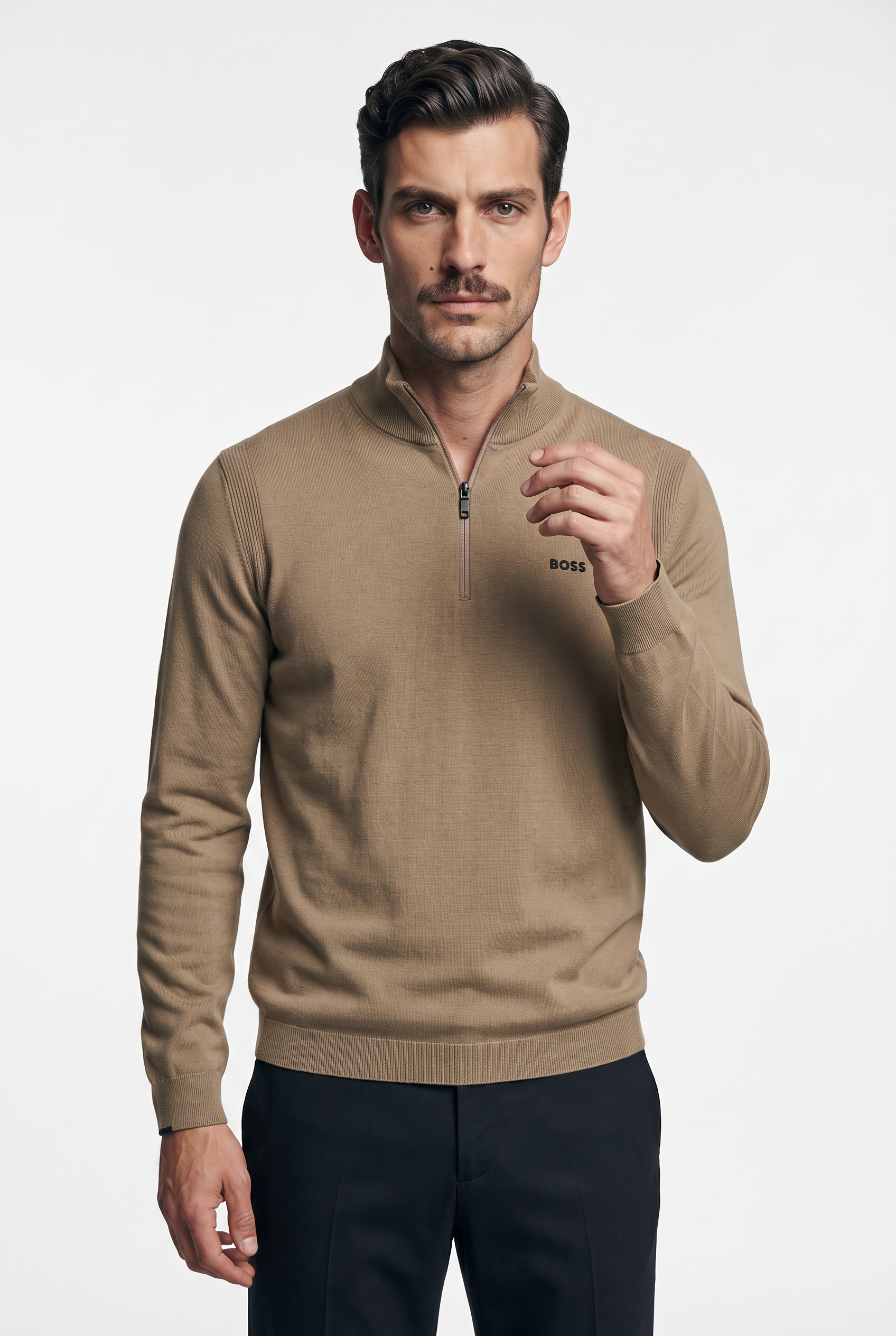BOSS GREEN Strickpullover Stehkragen mit Reißverschluss, Regular fit, Logo-Print