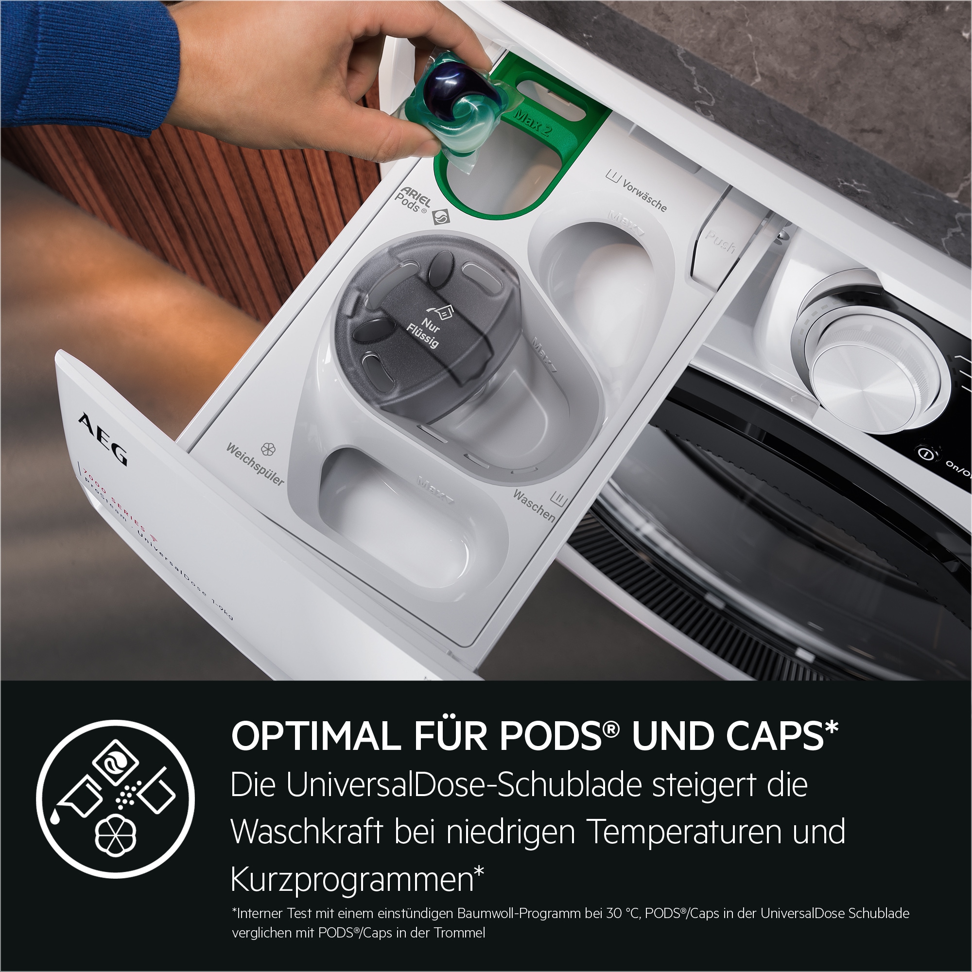 AEG Waschmaschine »LR8E70480« 8 kg 1400 U/min UniversalDose: löst PODS®/Caps 60 % schneller auf für beste Reingung