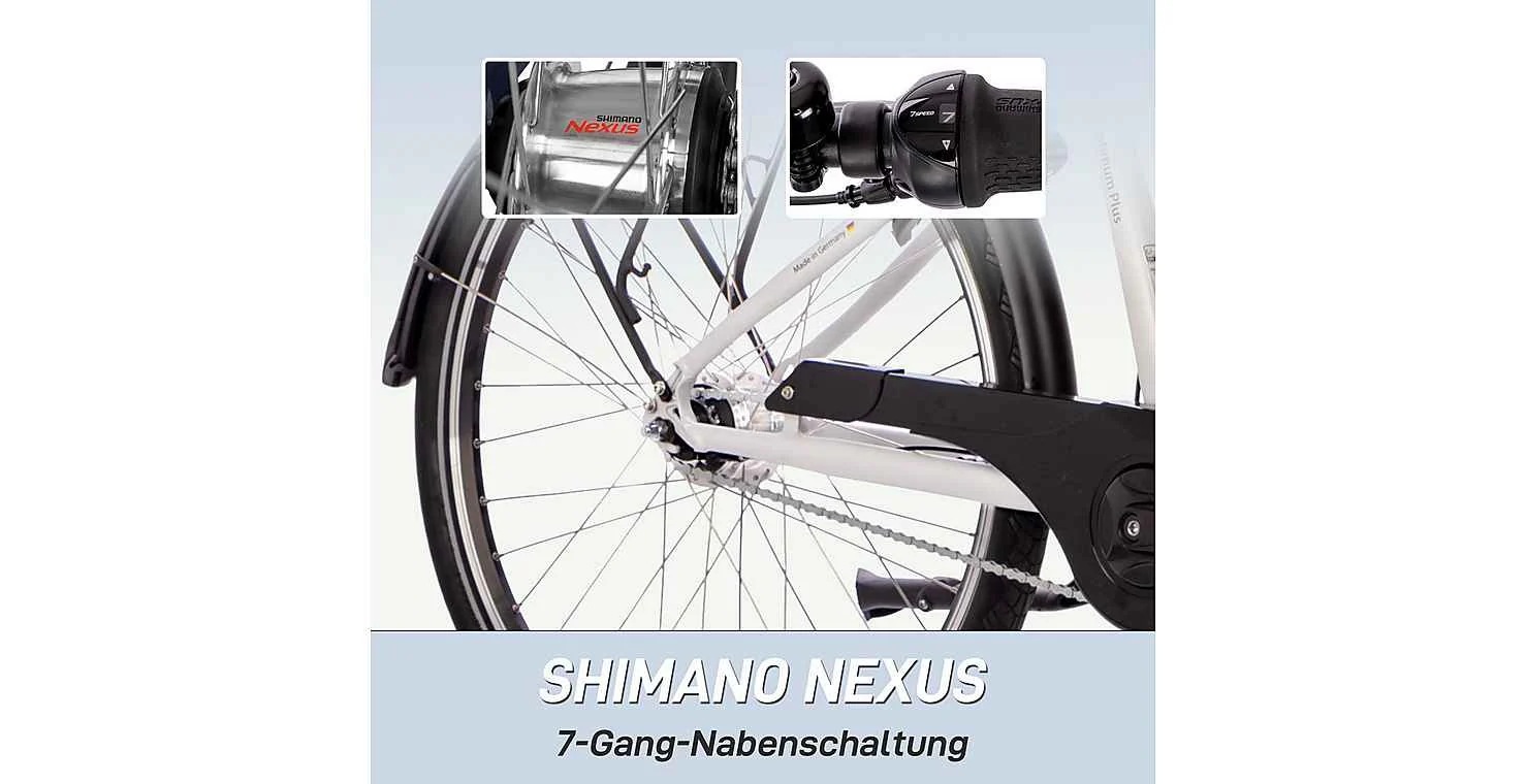 SAXONETTE »SAXONETTE E-Bike Cityrad Optimum Plus« 7 Gang Nabenschaltung Mittelmotor 250 W Packung,  (mit integr. Akku), Elektrofahrrad für Alltag und Einkauf