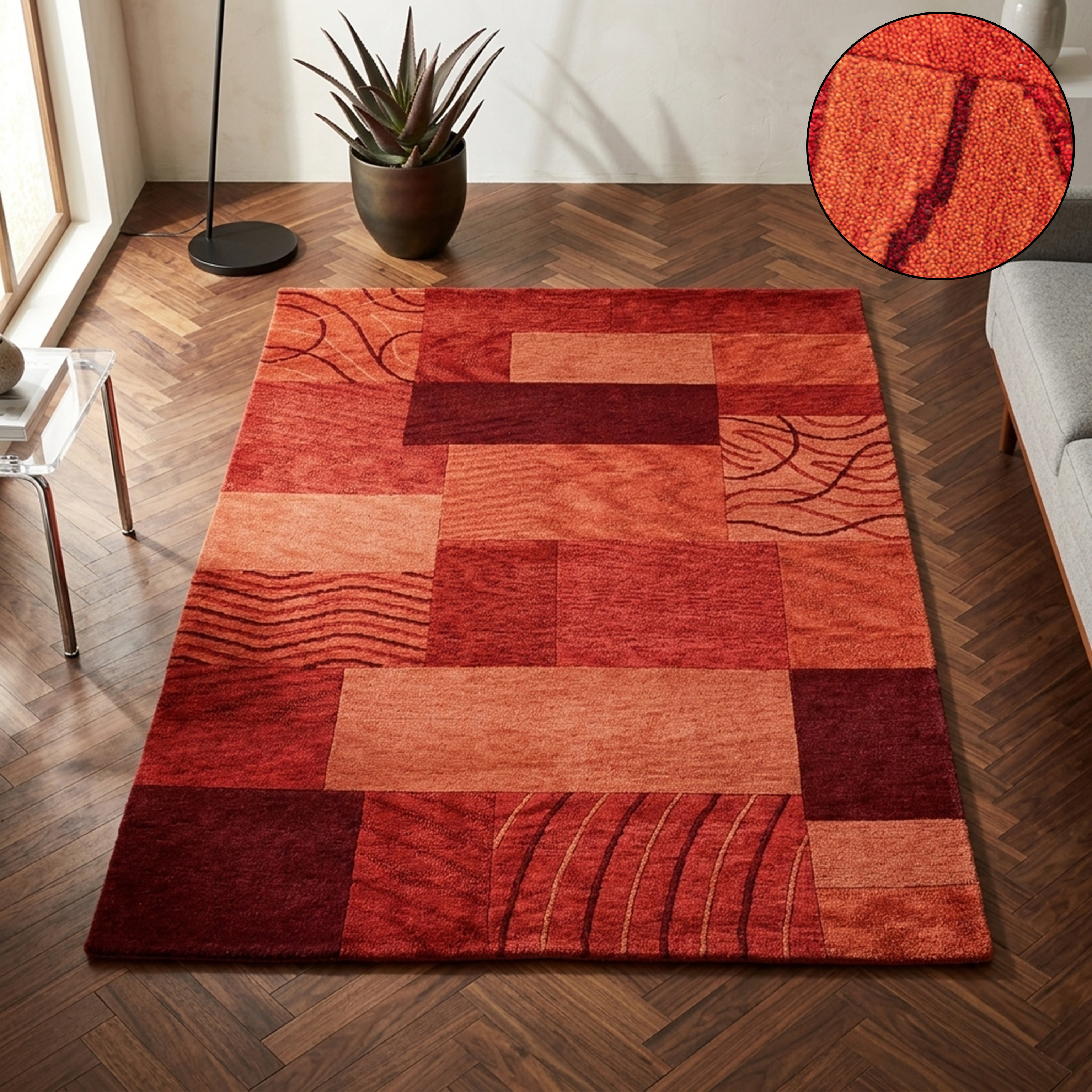 THEKO Wollteppich "Royal Domas 4028" rechteckig 14 mm Höhe Kurzflor, reine Wolle, handgetuftet, modernes Patchwork Design