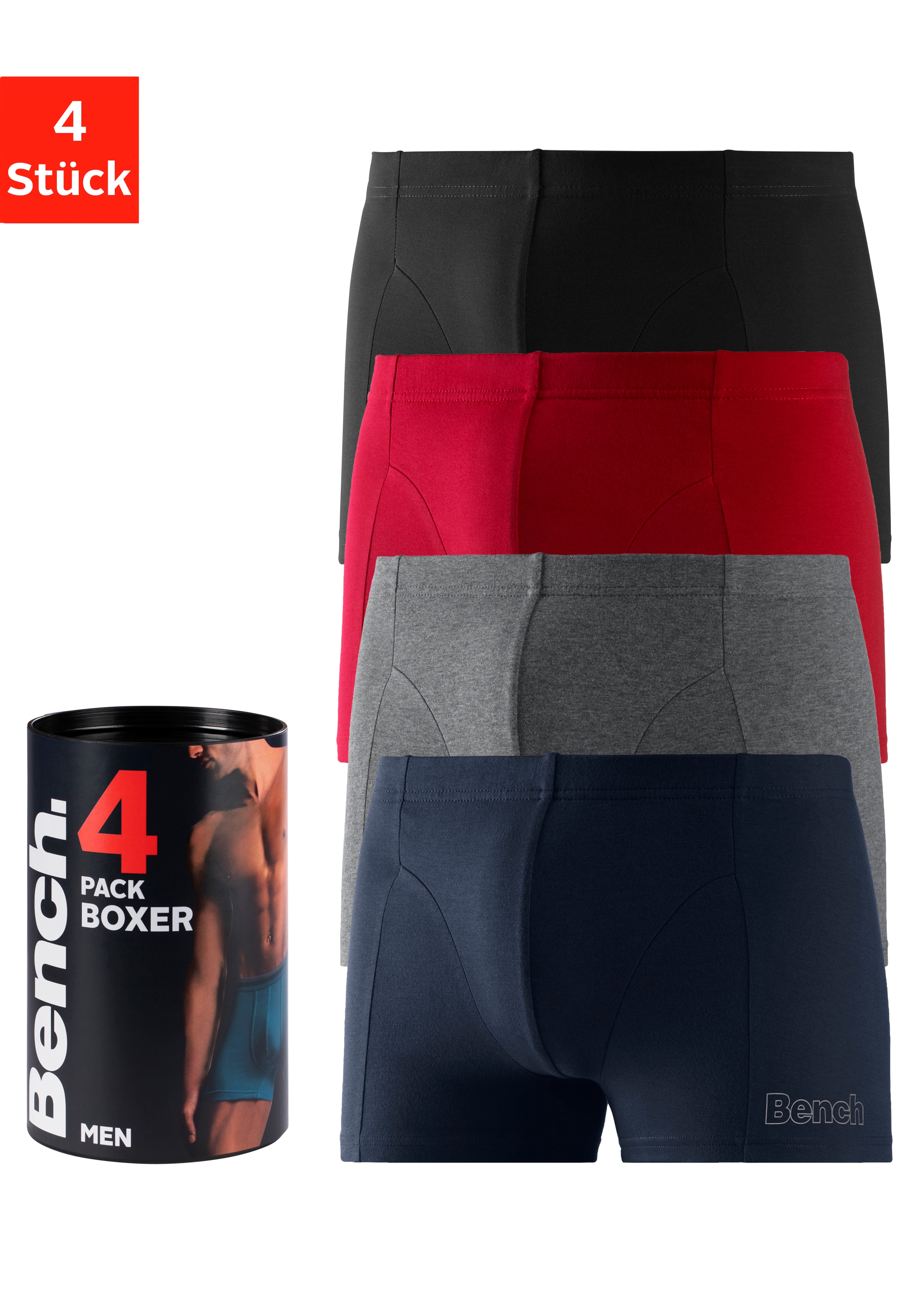 Bench. Boxer "Boxershorts für Herren" Dose, 4 Stk. Unterhosen in der Dose mit kleinem Logodruck auf dem Bein