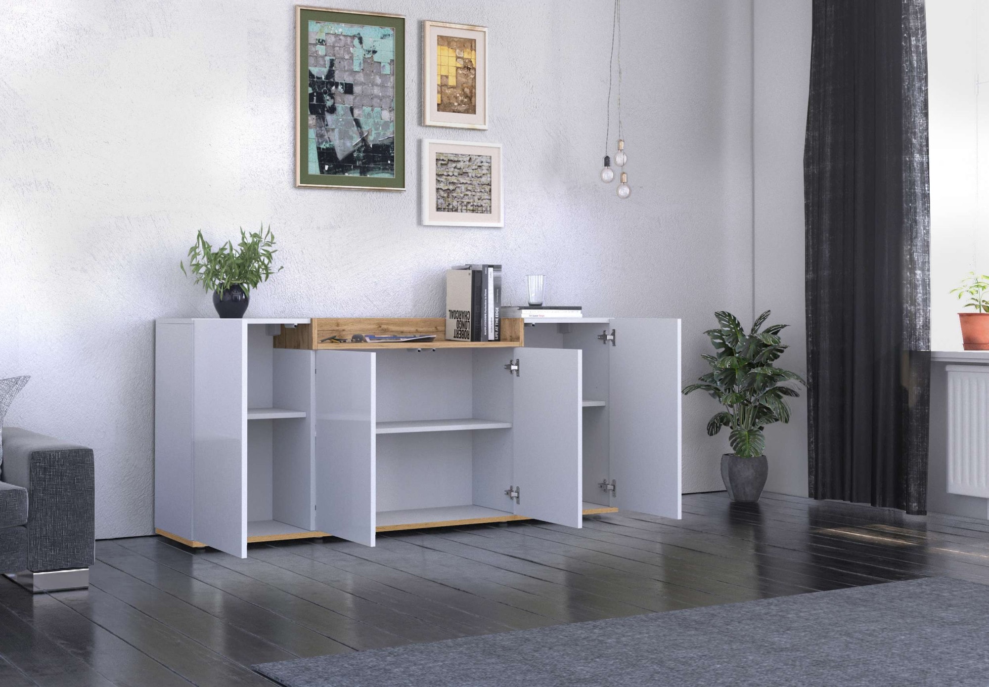 OTTO home Sideboard »BOLSENA, Kommode, Schrank,Lowboard mit 6 Fächer und offenes Ablagefach« 1 Stk. tlg. Breite 160 cm,stehend/hängend,Fronten Hochglanz lackiert,Made in Italy