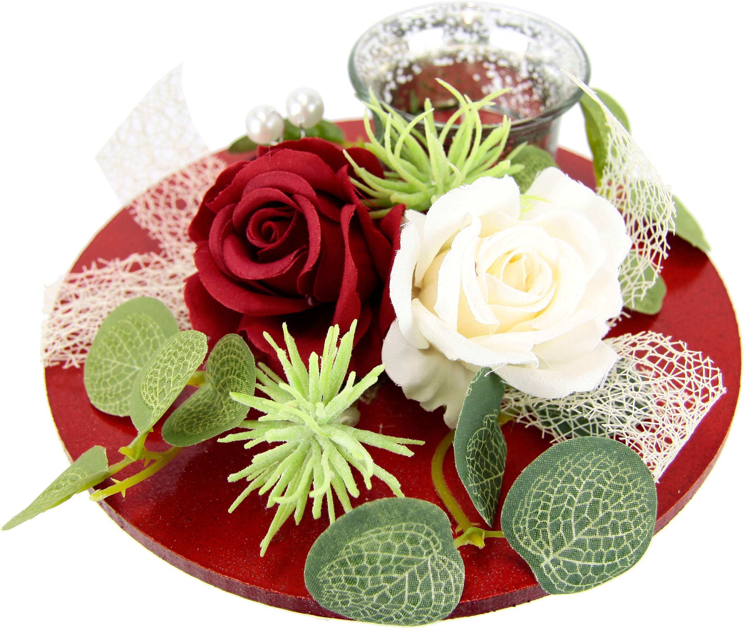 Teelichthalter I.GE.A. "Mit Glaseinsatz und Teelichtkerze, künstlichen Rosen Eukalyptus", rot (rot, weiß), B:17cm H:6cm, Polyester, Kerzenhalter, Teelichthalter, Kerzenständer Kerzenhalter Tischdeko Kerzen Muttertag Valentinstag 3