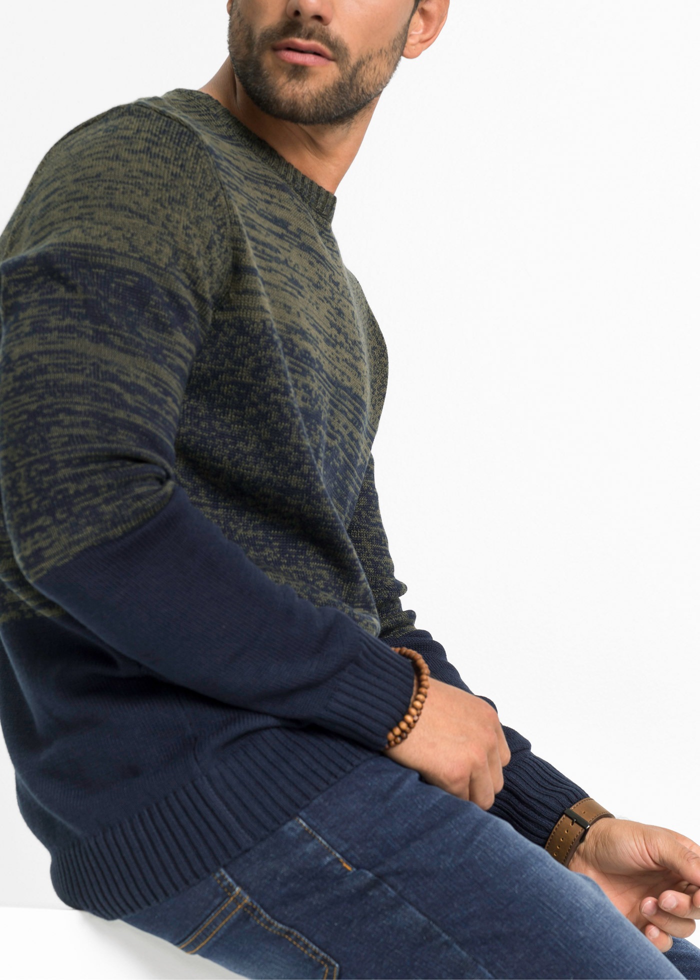 Bonprix Pull Fine Maille Homme Vert Olive/Bleu Rayé XXL 3