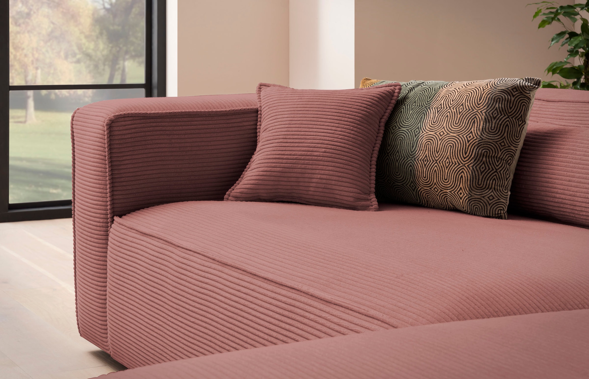 LeGer Home by Lena Gercke Polsterecke »PIARA XXL, L-Form mit Schlaffunktion, Big-Sofa in Cord o. Leinenoptik«, Hocker stellbar zum Schlafsofa (Krokodilverbinder), tiefe Sitzfläche