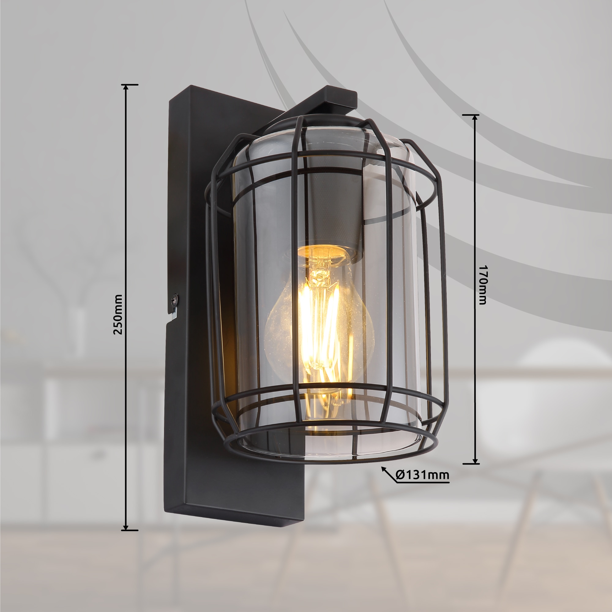 GLOBO LIGHTING Wandleuchte »KAMMI«, Leuchtmittel E27 | ohne Leuchtmittel, Wandlampe/Metall/Glas rauchfarben/Wohnzimmer/Flur/Lichtschein: abwärts