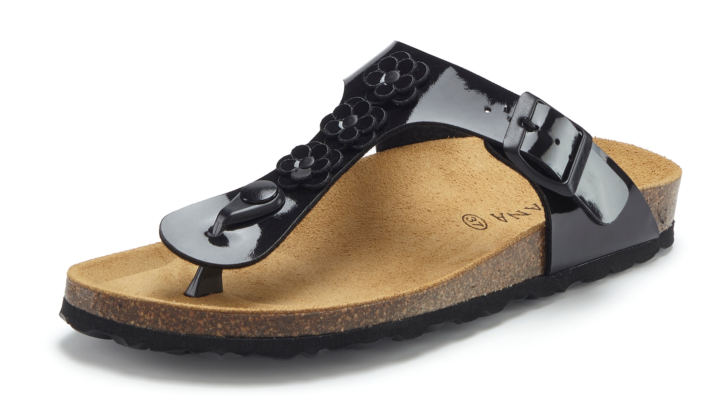 LASCANA Zehentrenner »Sandale, Pantolette, offener Schuh, Sommerschuh,«  mit modischer Applikation und Komfortkorkfußbett aus Leder