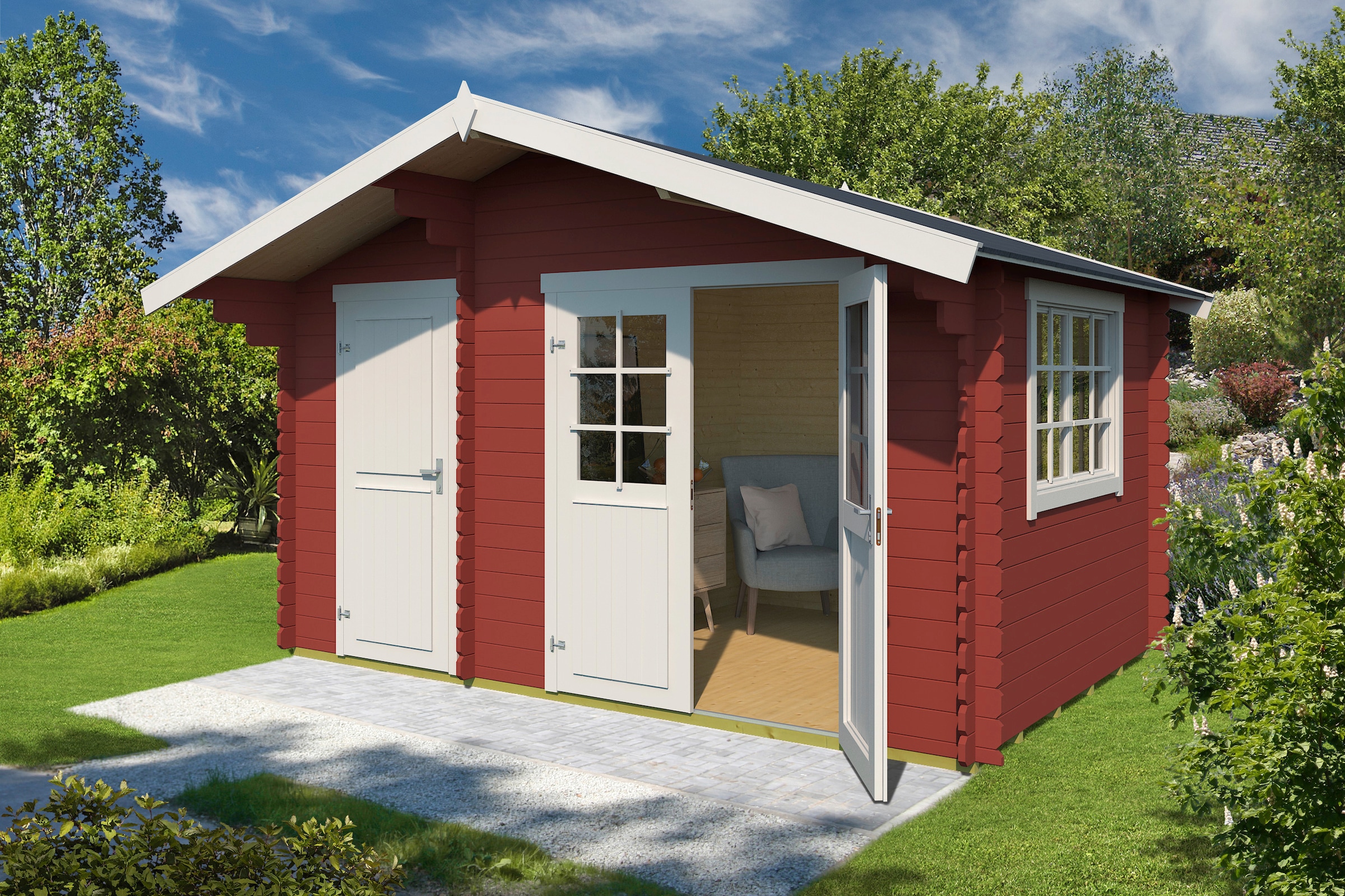 LASITA MAJA Gartenhaus »Keila 28«, (Set), Blochbohlenhaus 28mm 2-Raum, Fundamentmass 3800x2500, Schwedenrot