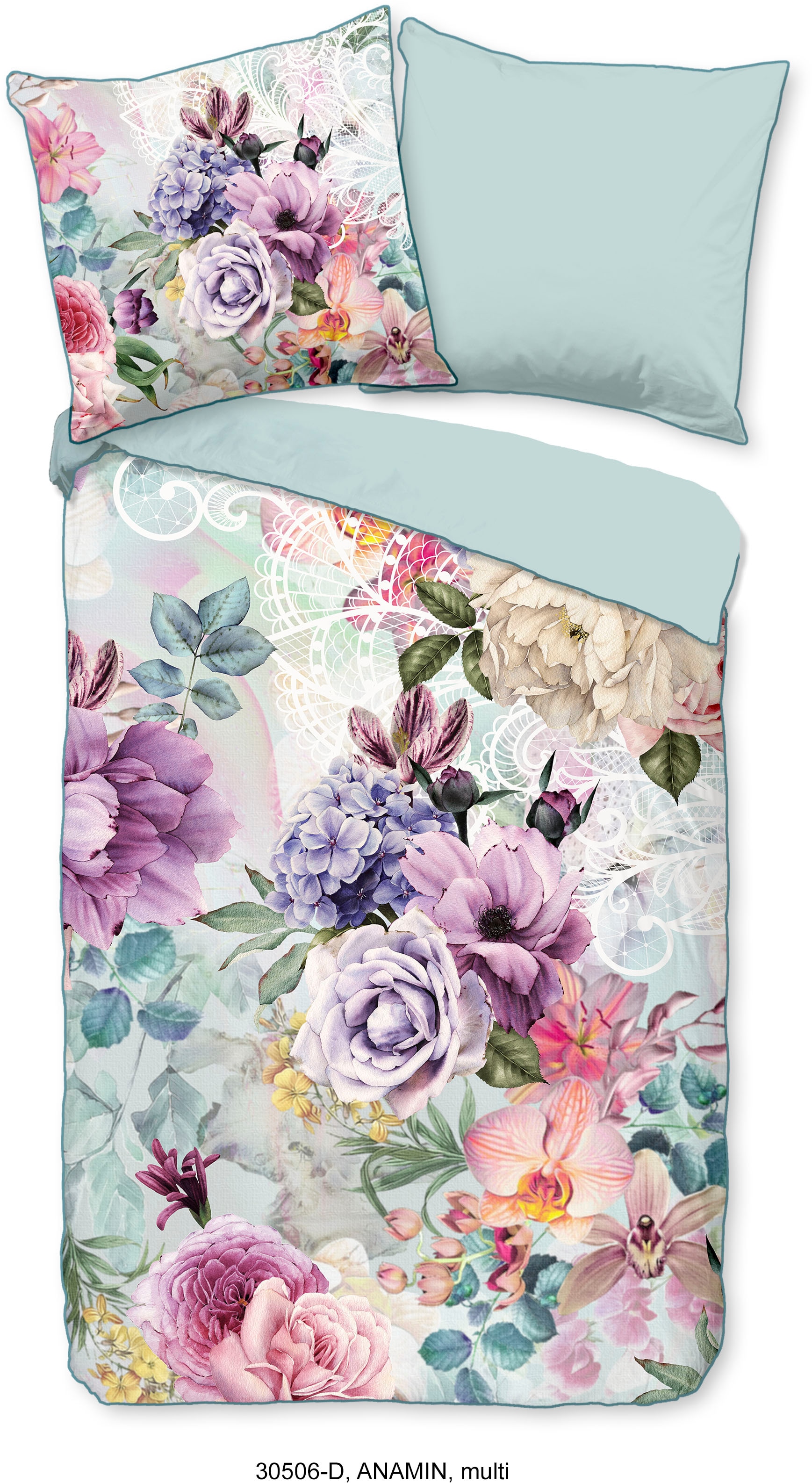 Descanso Wendebettwäsche »Anamin«, Baumwolle, Satin, 135x200, Biese, Reißverschluss, Wende, Blumen