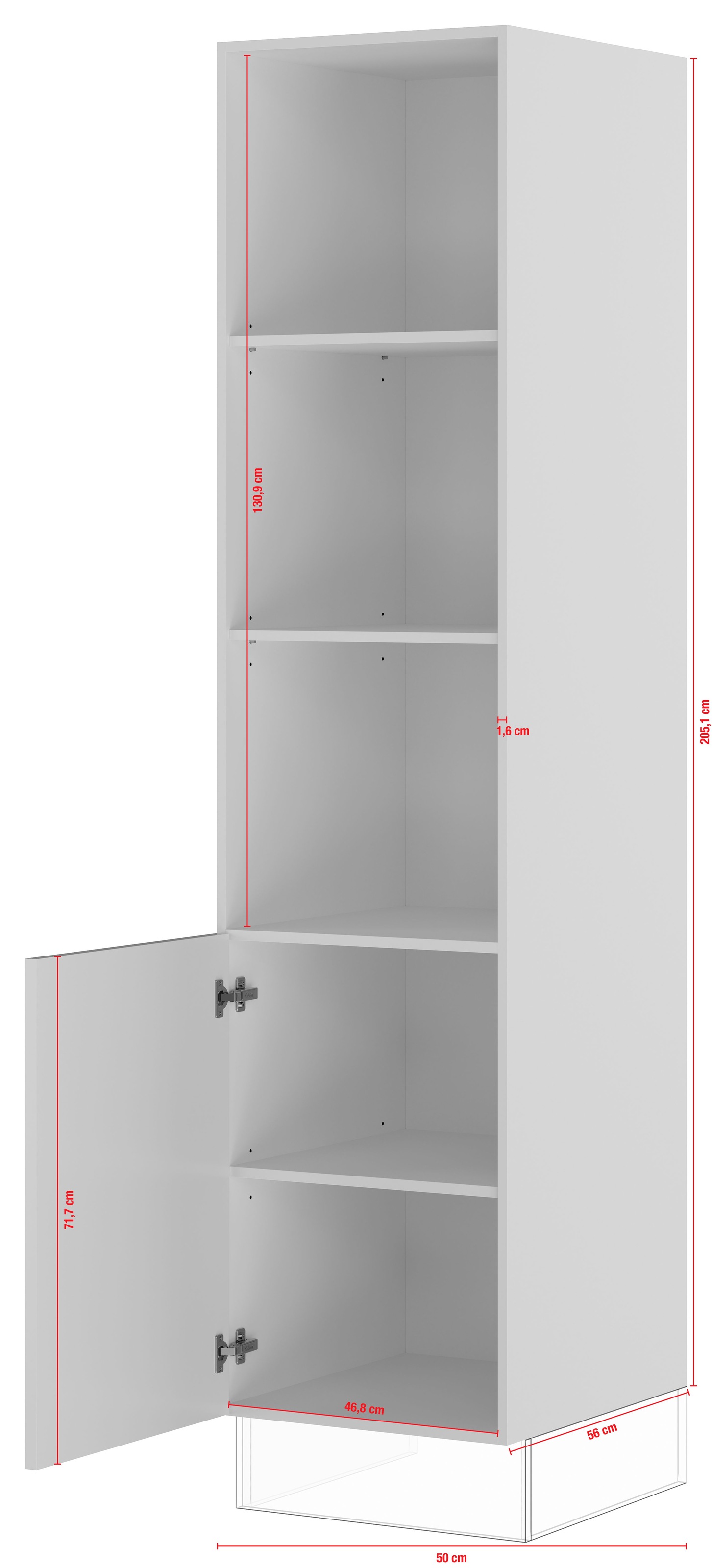 IMPULS KÜCHEN Seitenschrank »"Valencia", Breite/Höhe: 50/205,1 cm«, vormontiert, mit Drehtür, mit verstellbaren Fachböden