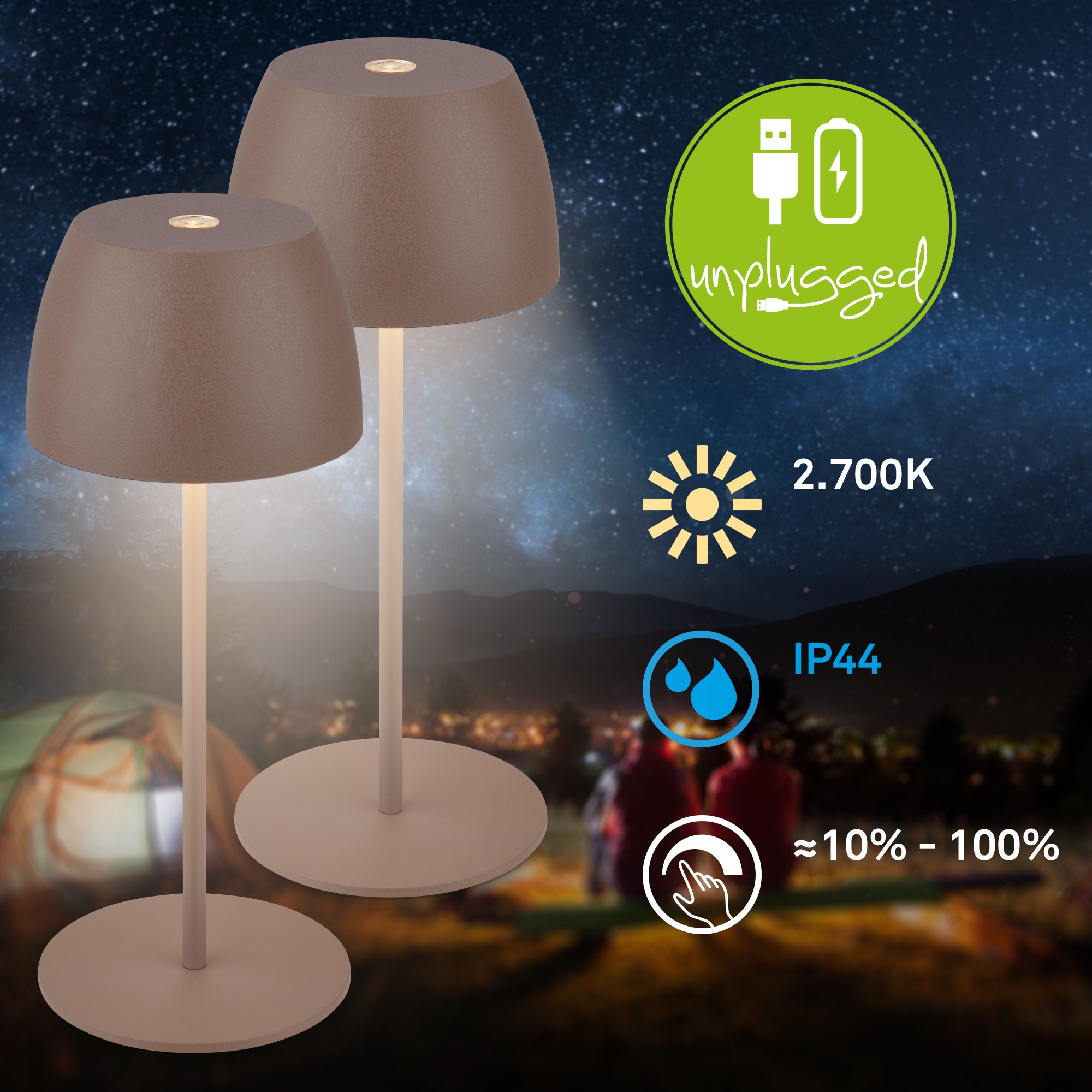 Briloner Leuchten LED Außen-Tischleuchte »SERINA MINI« LED-Modul 2 Stk. Warmweiß kabellos 20 x 8 cm Umbrasand 2,5W Wohnzimmer Schlafzimmer 2er-Set