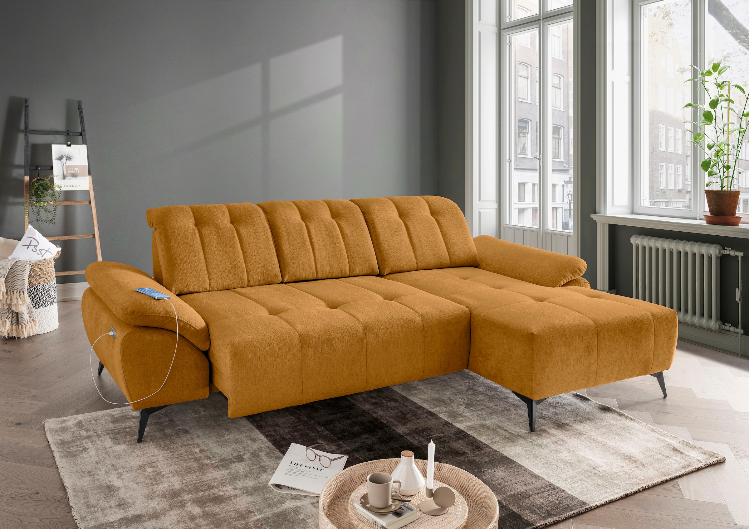 Home affaire "Fiore modern, bequeme Armlehnen, tolle Detailverarbeitung, L-Form" elektrischer Sitzvorschub und Kopfstützen höhenverstellbar