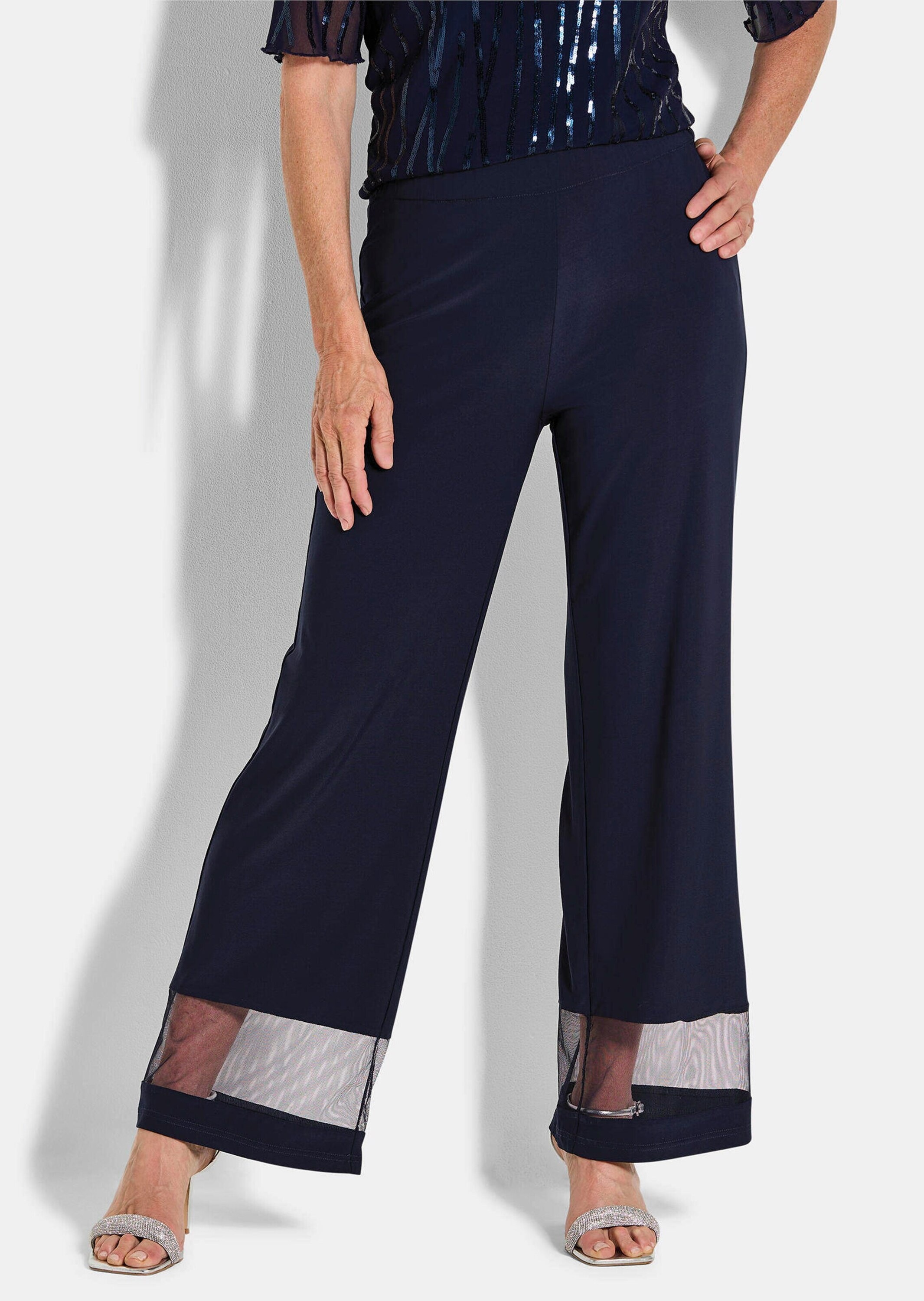 Stoffhose GOLDNER "Weite Hose VERA mit Mesh-Details", Damen, Gr. 42, N-Gr, blau (marine), Obermaterial: 95% Polyester PES. 5% Elasthan EL., Hosen Stoffhose 3
