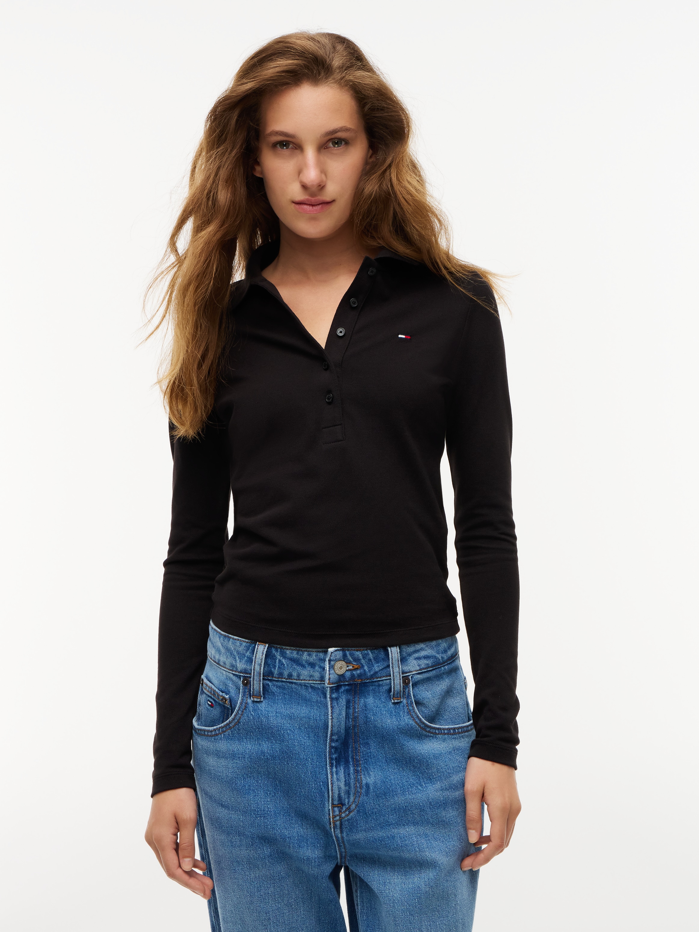 Tommy Jeans Langarm-Poloshirt "TJW SLIM ESSENTIAL LS POLO" Baumwollmischung, slim fit