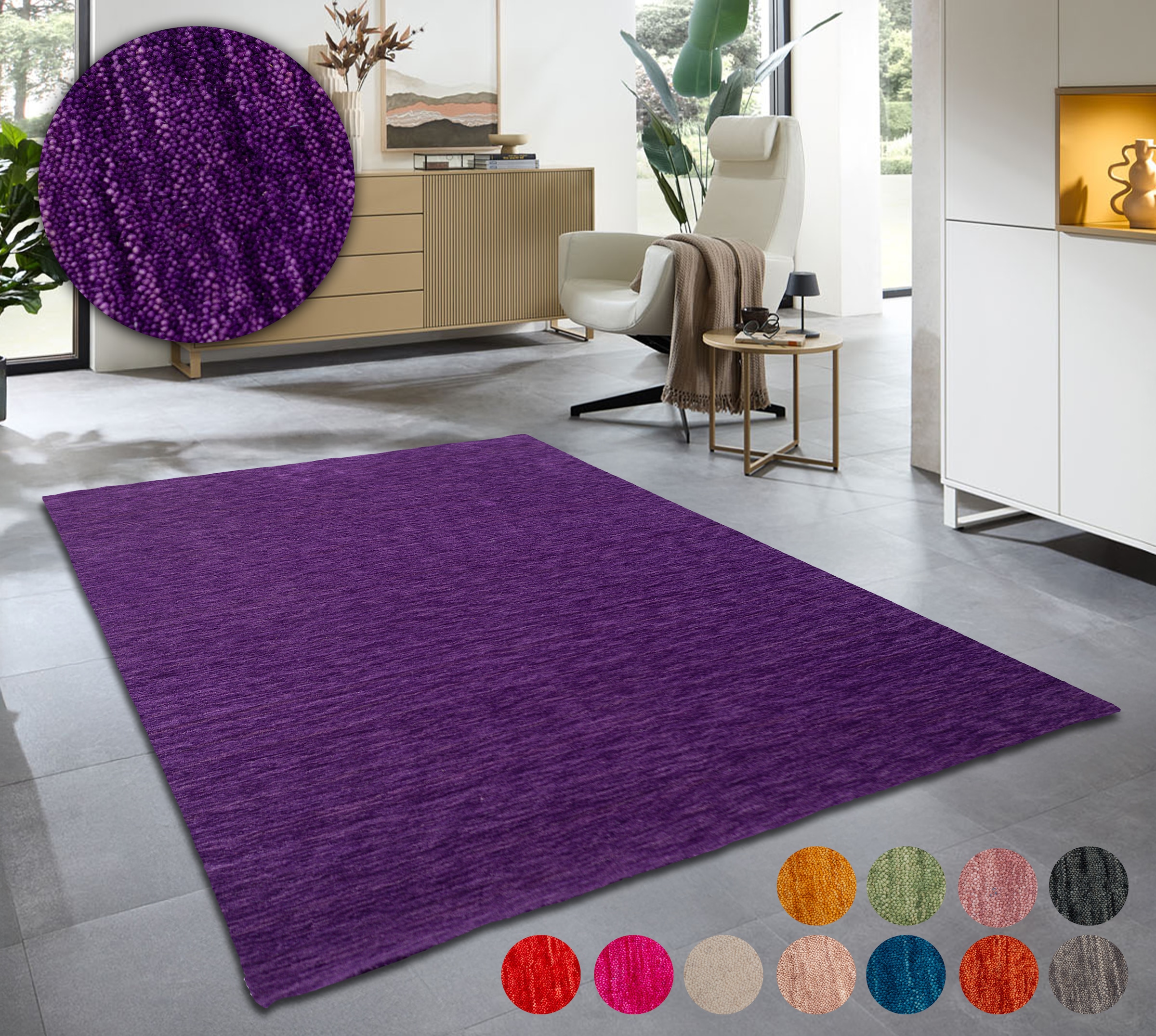 Wollteppich OTTO HOME "Karchau", lila, B:140cm H:13mm L:200cm, Schurwolle, Teppiche, Handweb Teppich, meliert, reine Wolle, handgewebt, brilliante Farben