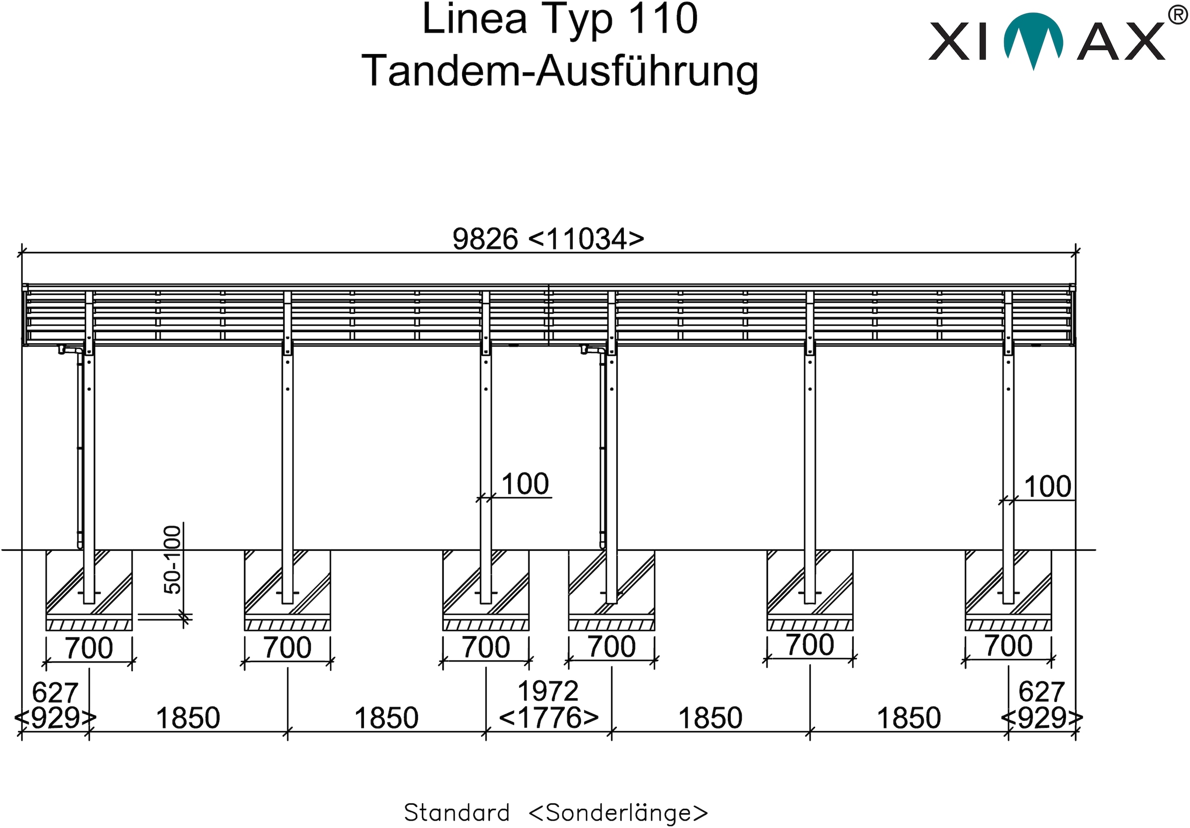 Ximax Doppelcarport »Linea Typ 110 Tandem-Edelstahl-Look«, Aluminium, 257 cm, edelstahlfarben, Aluminium