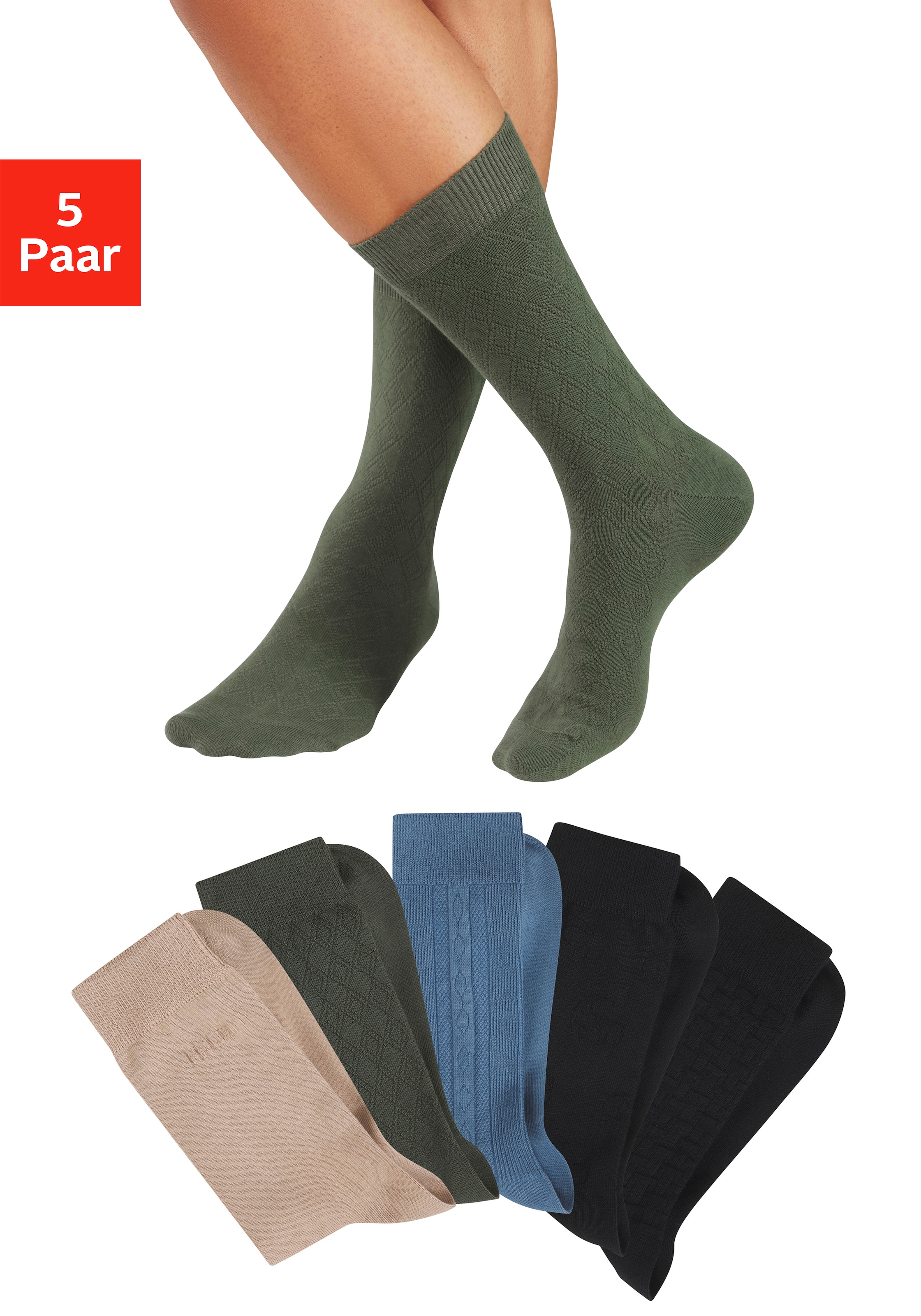H.I.S Businesssocken "Klassische Herren, Männersocken, unifarben, ohne drückende Naht" Packung, Anzugsocken, 5 Paar tlg. mit dezent eingestrickten Designs
