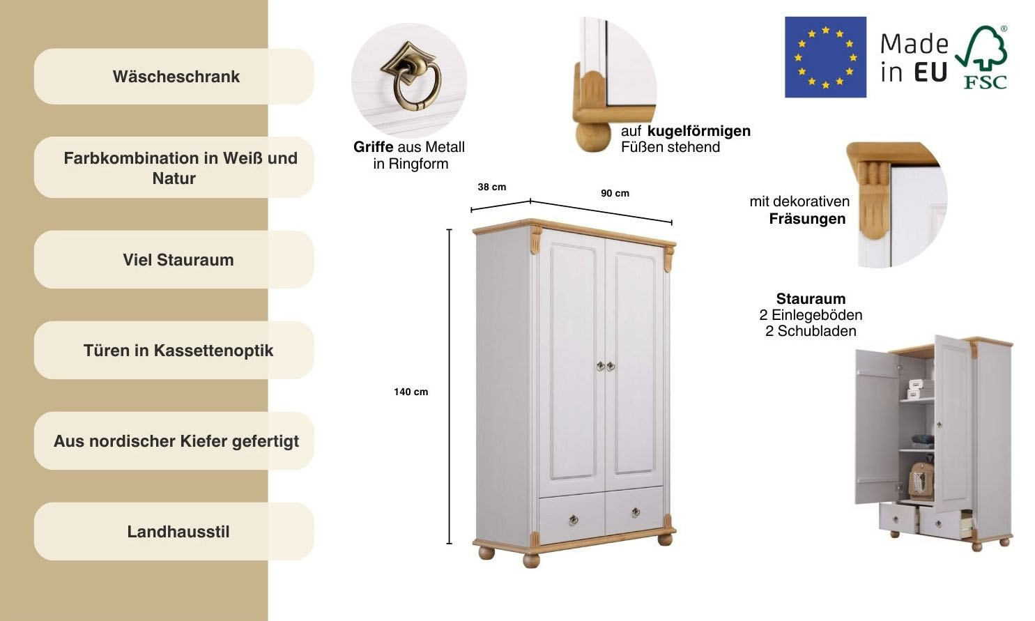Thumbnail - Home affaire Wäscheschrank "Tessin", (2 Breiten: 90/128 cm H/T ca. 140/38 cm), aus massiver Kiefer, in 2 Breiten, viel S...