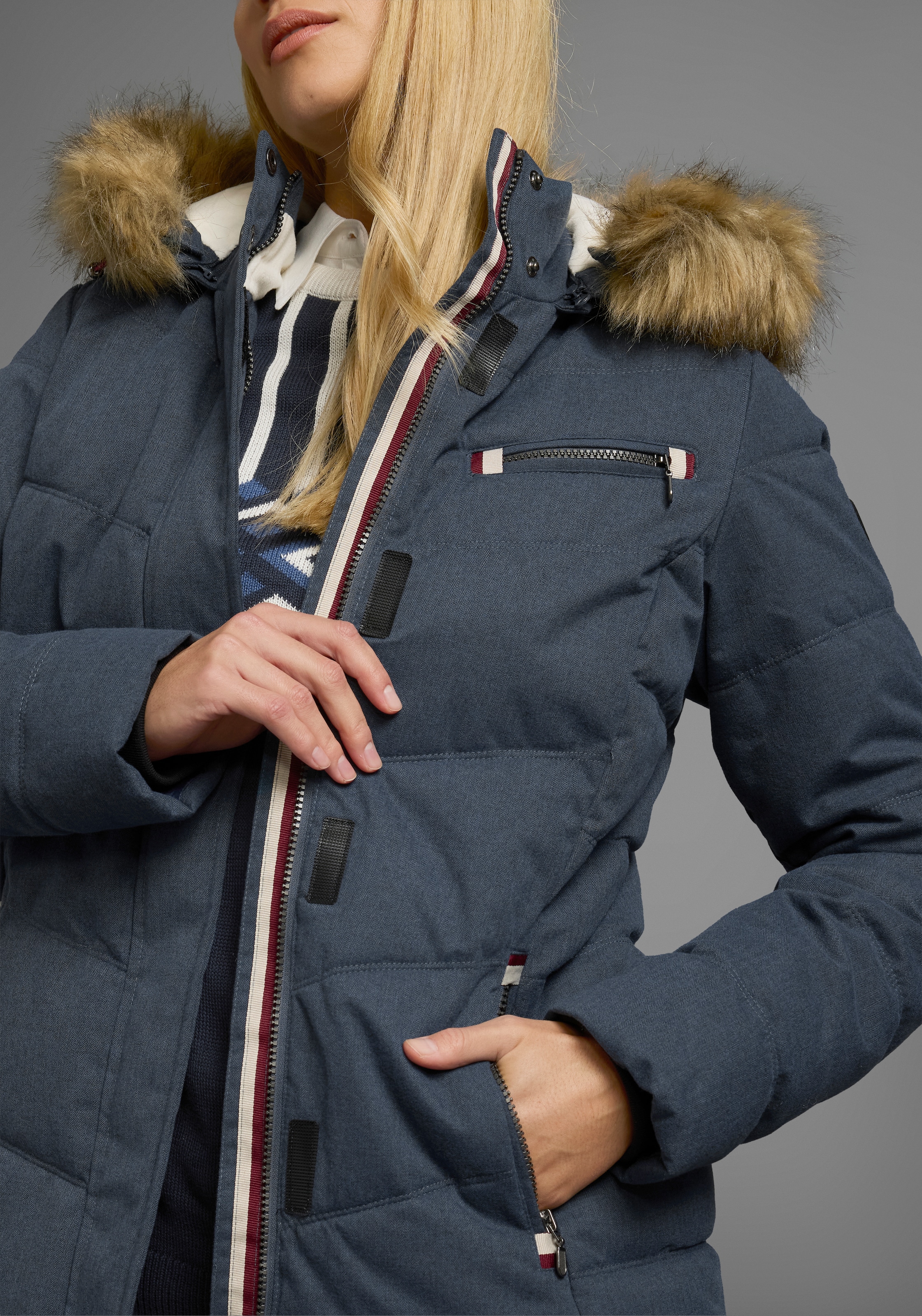 Polarino Steppjacke, mit Kapuze, mit abnehmbarer Kapuze, mit Fellimitat, viele Taschen