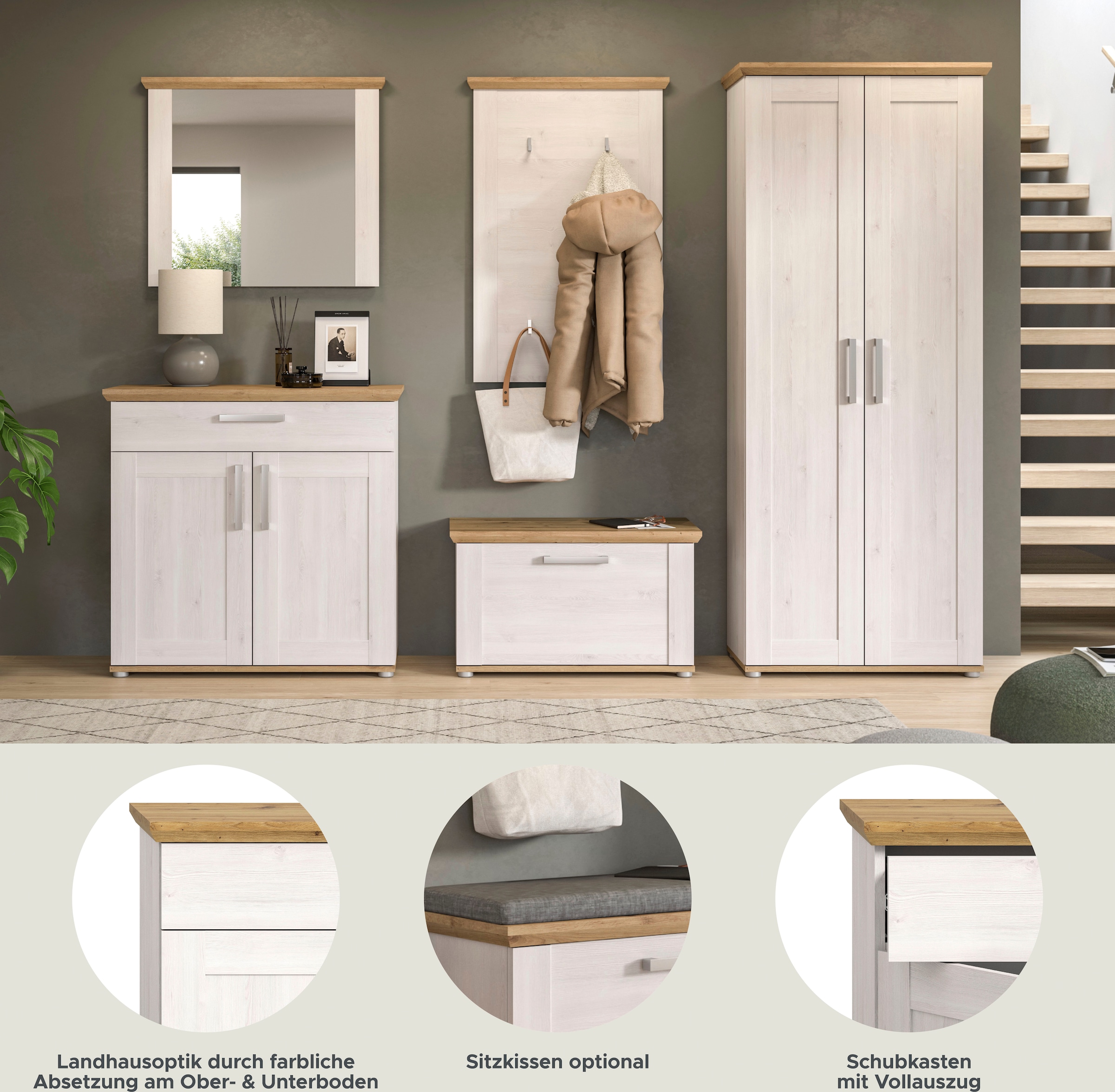 Home affaire Garderoben-Set »Cosenza, Breite ca. 285 cm, 2-farbig, 5-teilig, bestehend aus:«, (5 St.), Garderobenschrank, Sitzbank, Garderobenpaneel, Schuhschrank, Spiegel