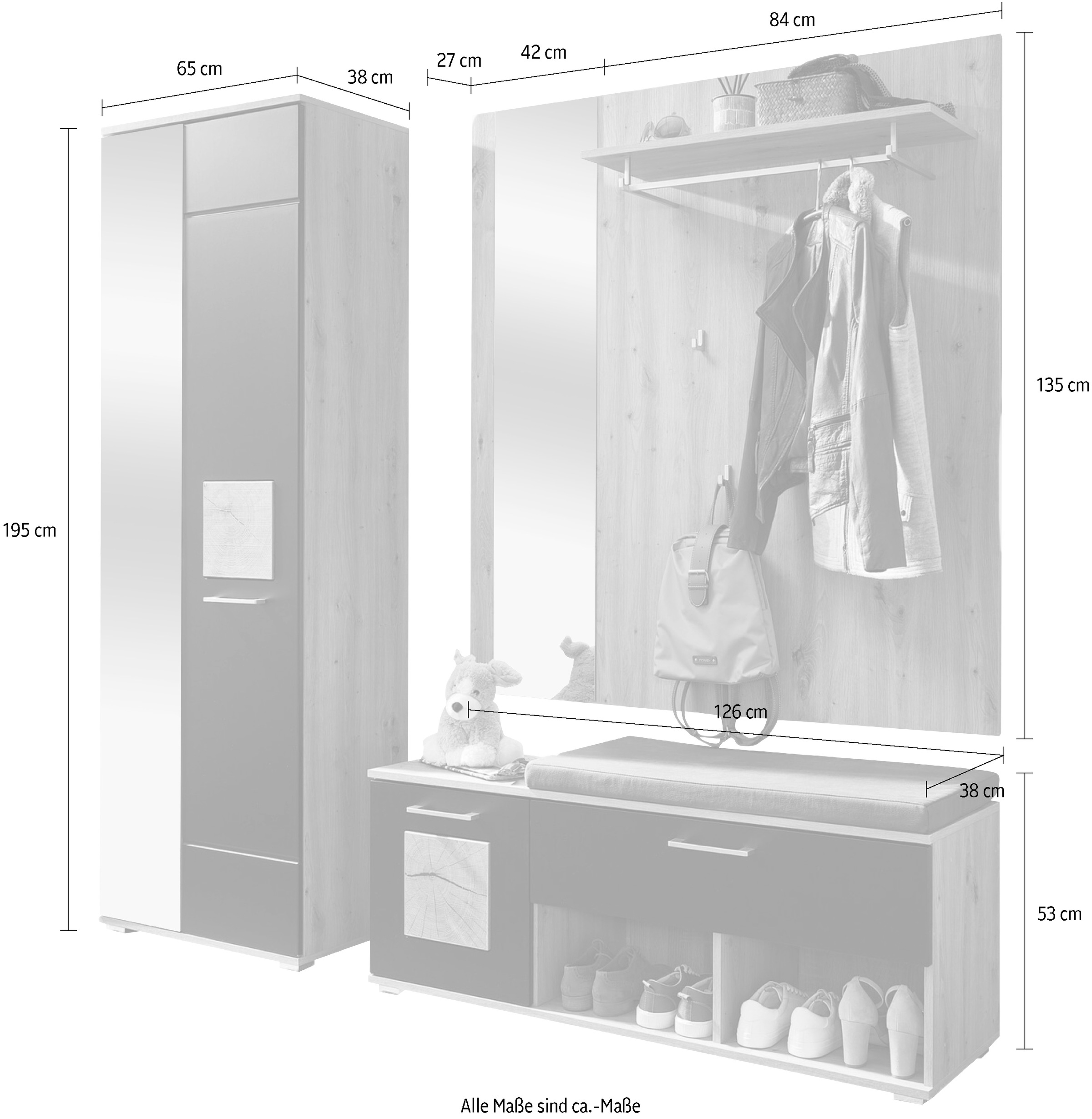 Innostyle Garderoben-Set »Fun Garderoben Set, 206x195x38cm (B/H/T)«, (1 St.), besteht aus 3 Typen,Spiegeltür,Sitzkissen