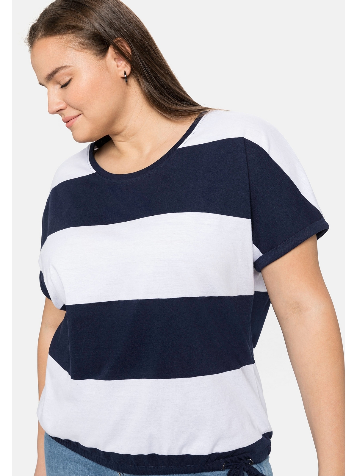 Sheego T-Shirt »Große Größen«, mit am BAUR Blockstreifen kaufen Saum und | Tunnelzug