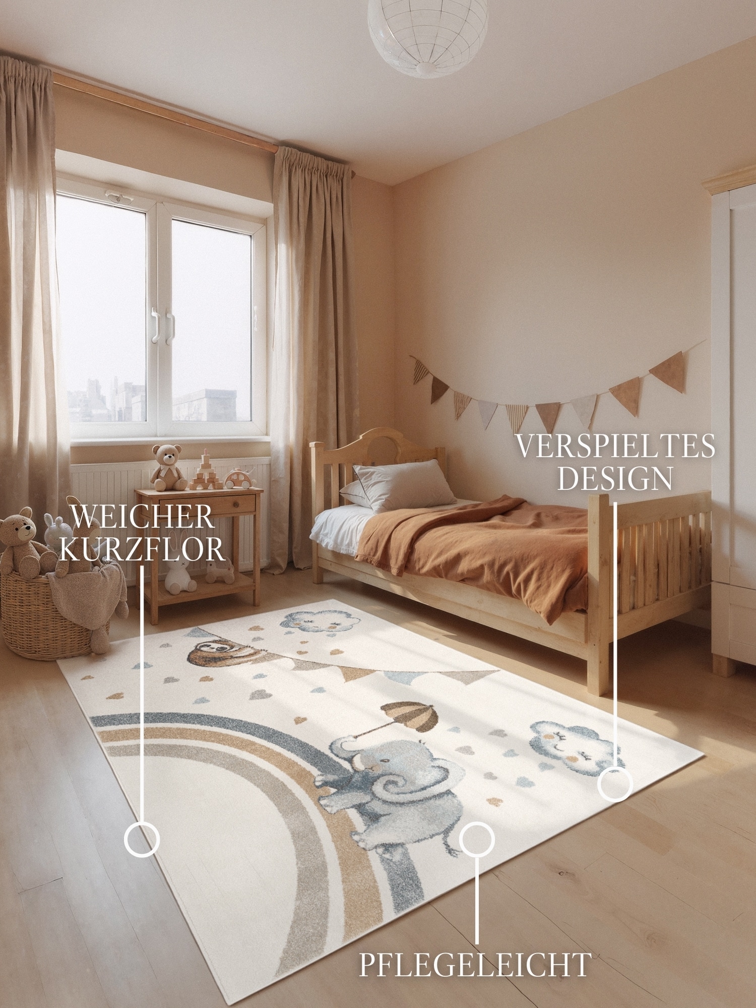 Villeroy & Boch Kinderteppich »Walk like an Elephant Rainy Party« rechteckig 9 mm Höhe Spielteppich weich, Kinderzimmer, Boho Kids Spielunterlage, Tieremotiv