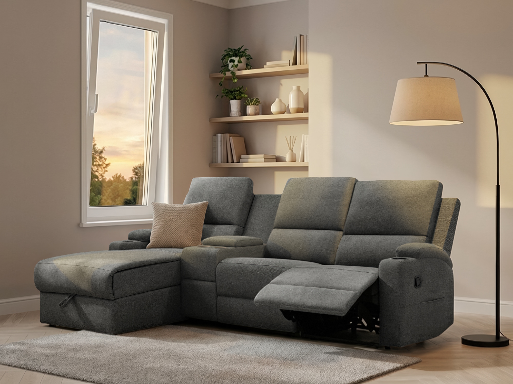 OTTO home Ecksofa "NAPORI Struktur, Multimediasofa, 3er Kinosessel XXL, L-Form" Kinosofa, manuelle o. elektr. Relaxfunktion, Staufach, Getränkehalter